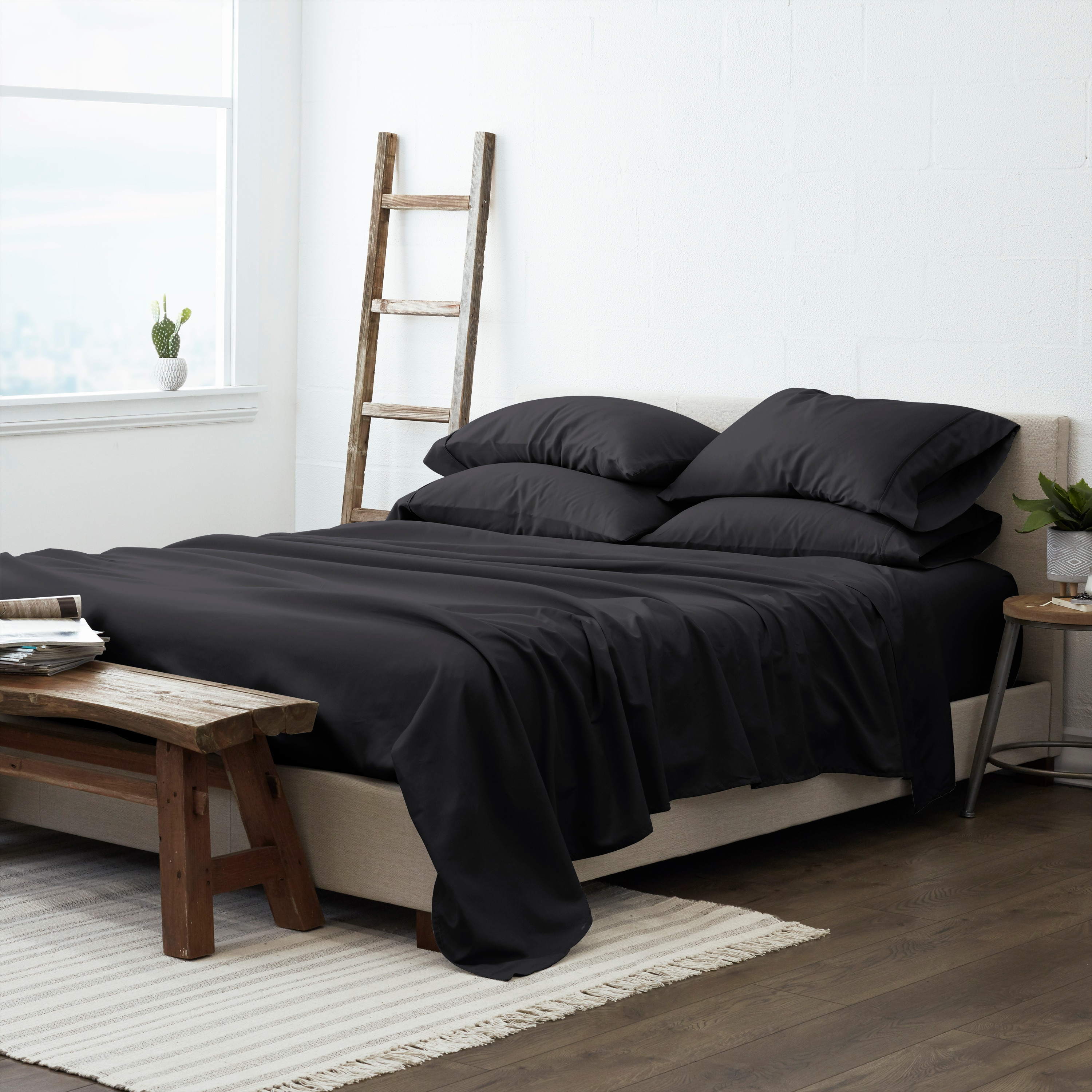 Luxury Home 6-Piece 1600 Thread Count Black Microfiber, Bed Sheet Set Queen Deep Pocket