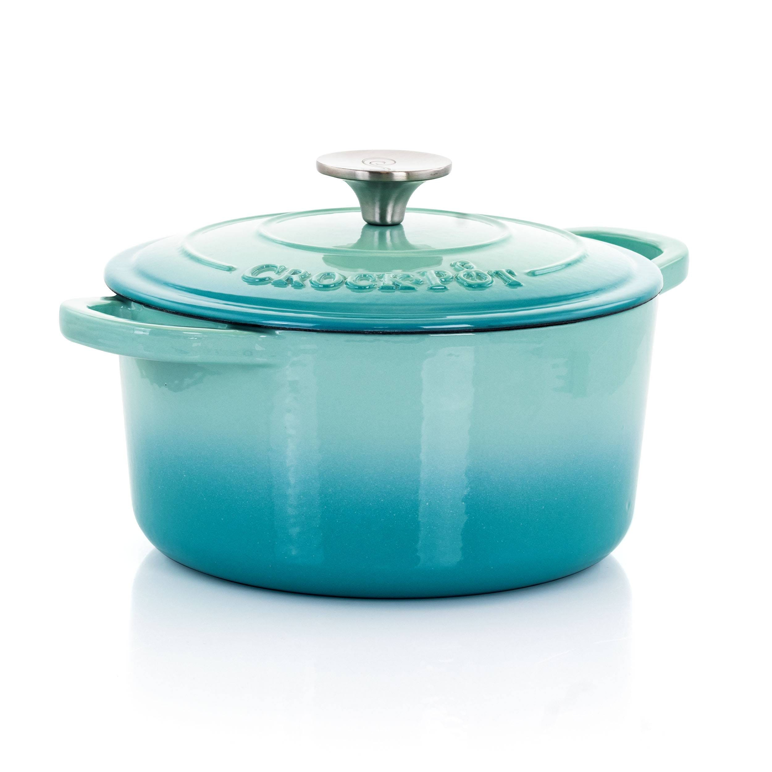 Crock-Pot 3 Quart Round Enamel Cast Iron Covered Dutch Oven Cooker, Aqua Blue