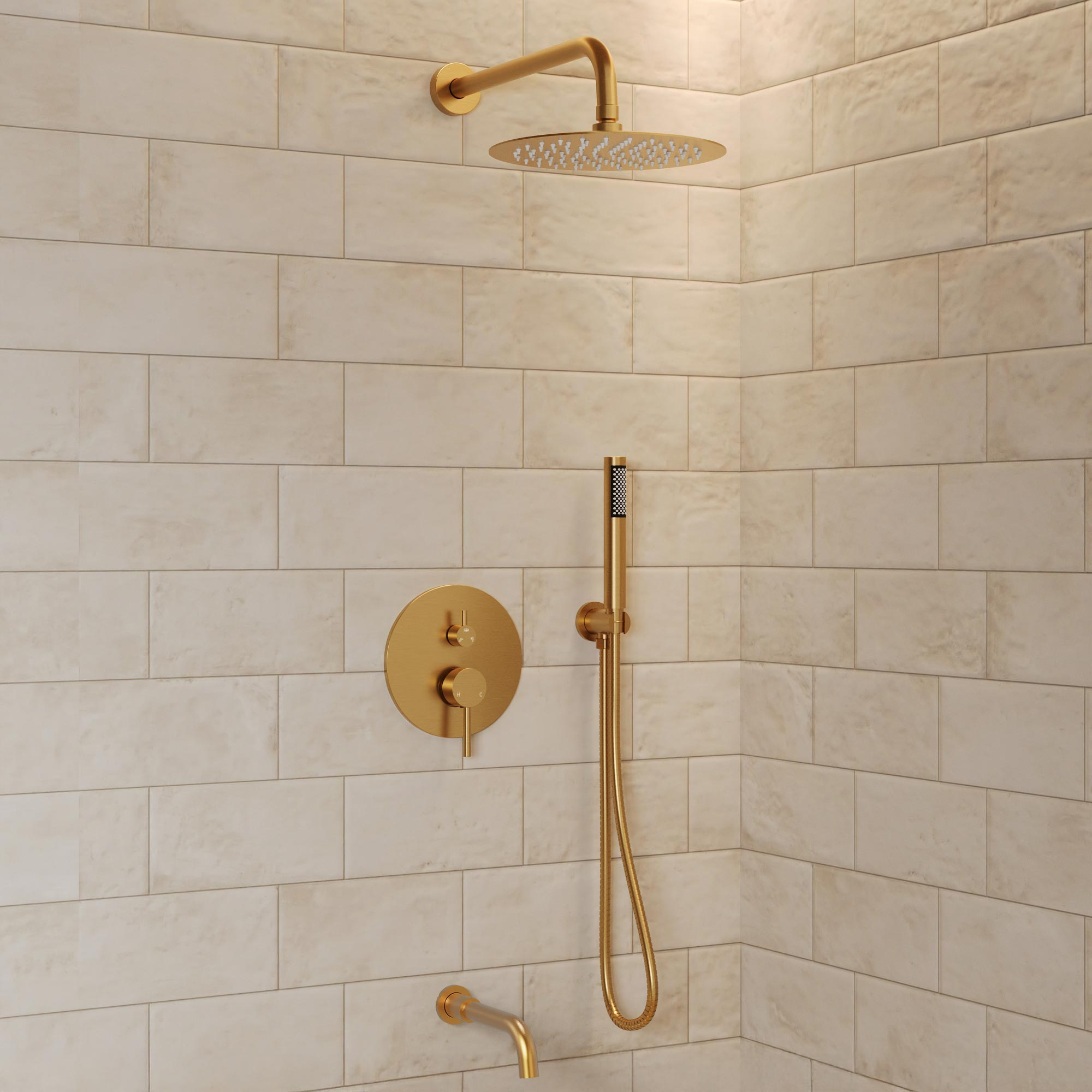 GRANDJOY Dual Wall Mount Rainfall Shower Head System Adjustable 12 inch & 6 inch Shower Faucet Set with Handheld Shower Spray Thermostatic Pressure Balance Value, Brushed Gold