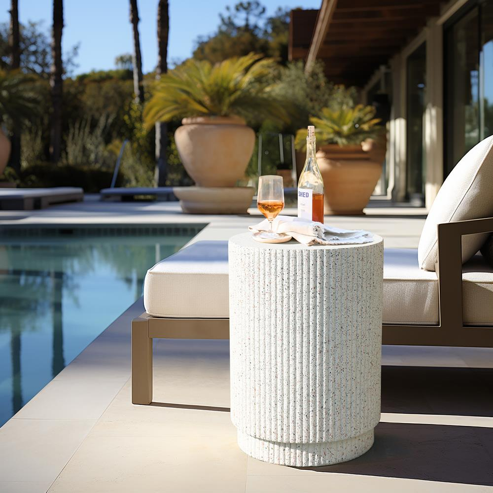 LuxenHome Ivory White Cement Round Outdoor Side Table