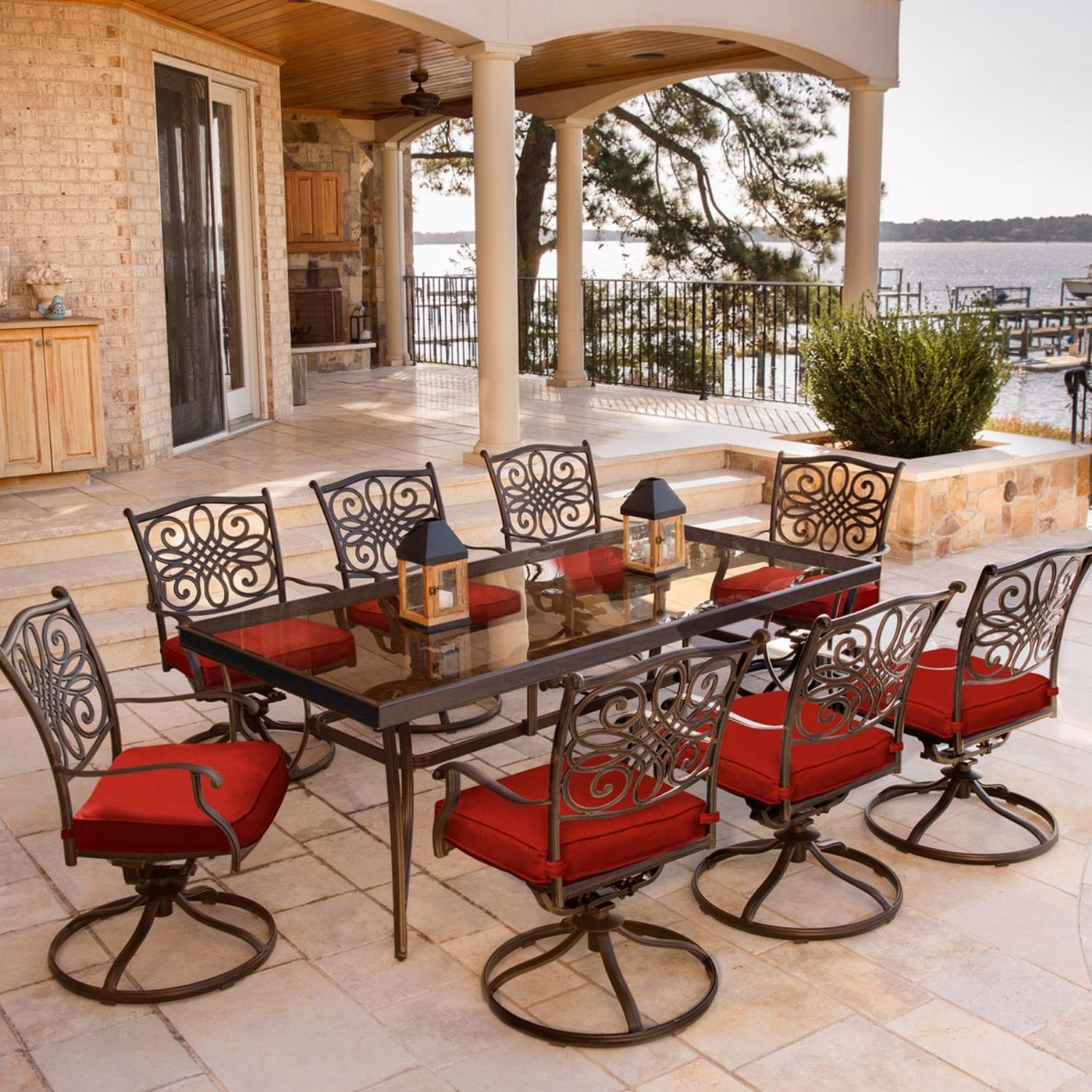Elegant 8-Person Tempered Glass-Top Outdoor Dining Set with Red Cushions