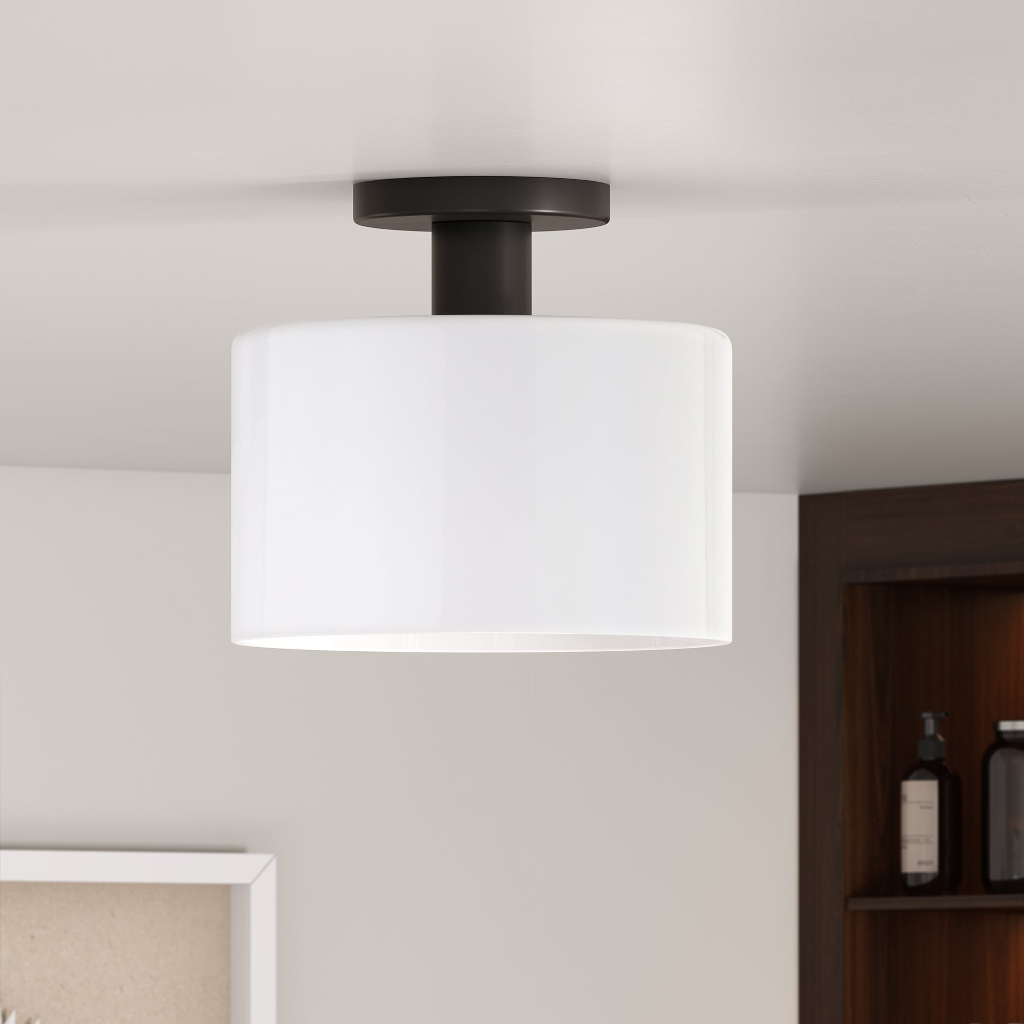 Evelyn&Zoe 10" Matte Black Metal/Glass Semi Flush Mount