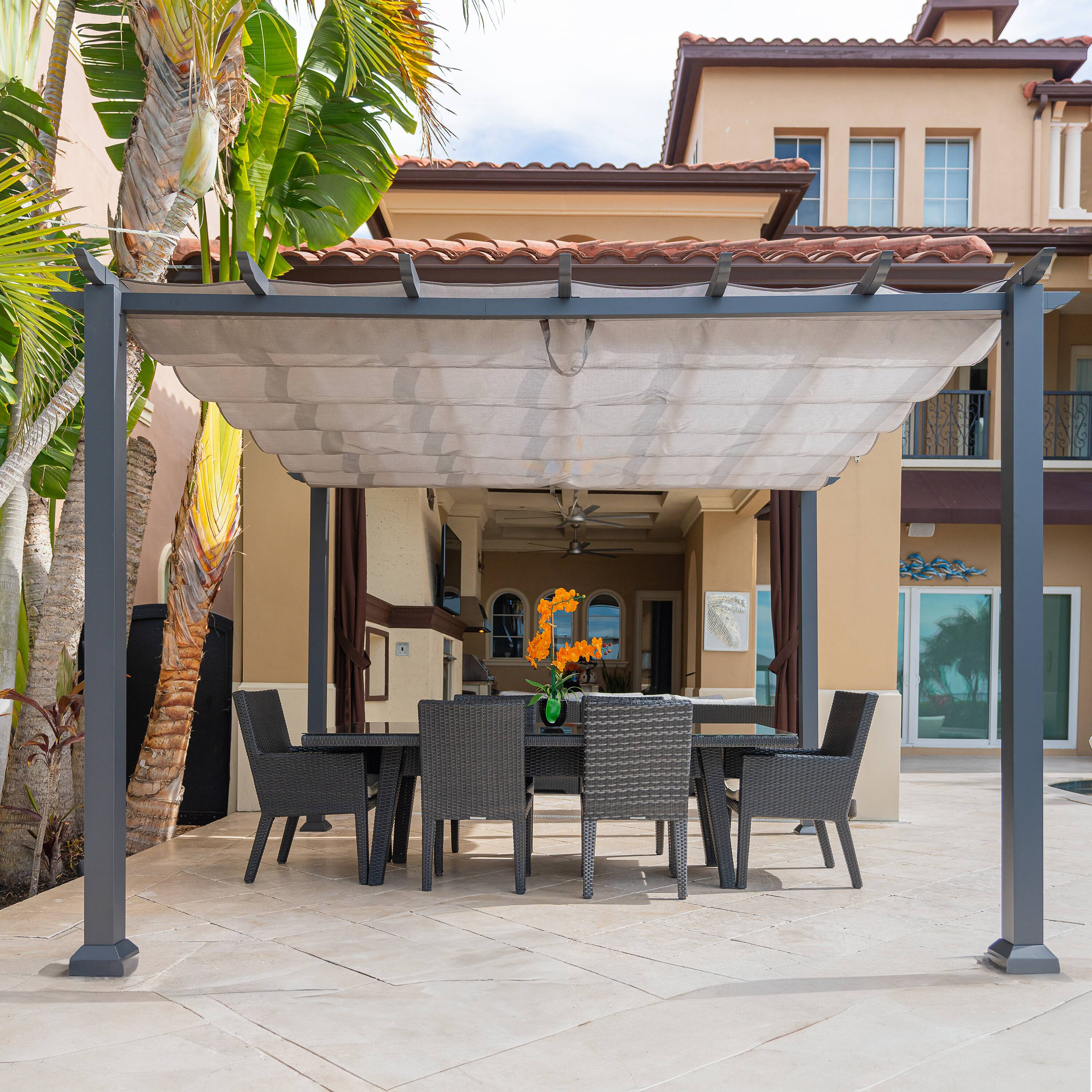 Paragon-Outdoor Florence 11 ft. x 11 ft. Aluminum Pergola in Gray Powder-Coated Finish with Adjustable Canopy
