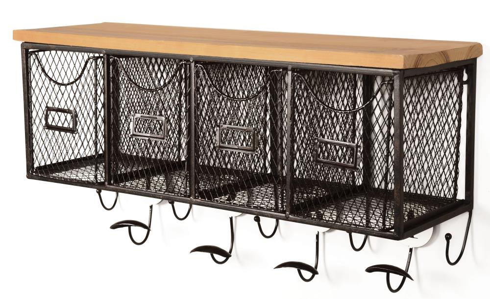 Wall Organizer with 4 Metal Baskets and Wood Top Hooks for Entryway Storage