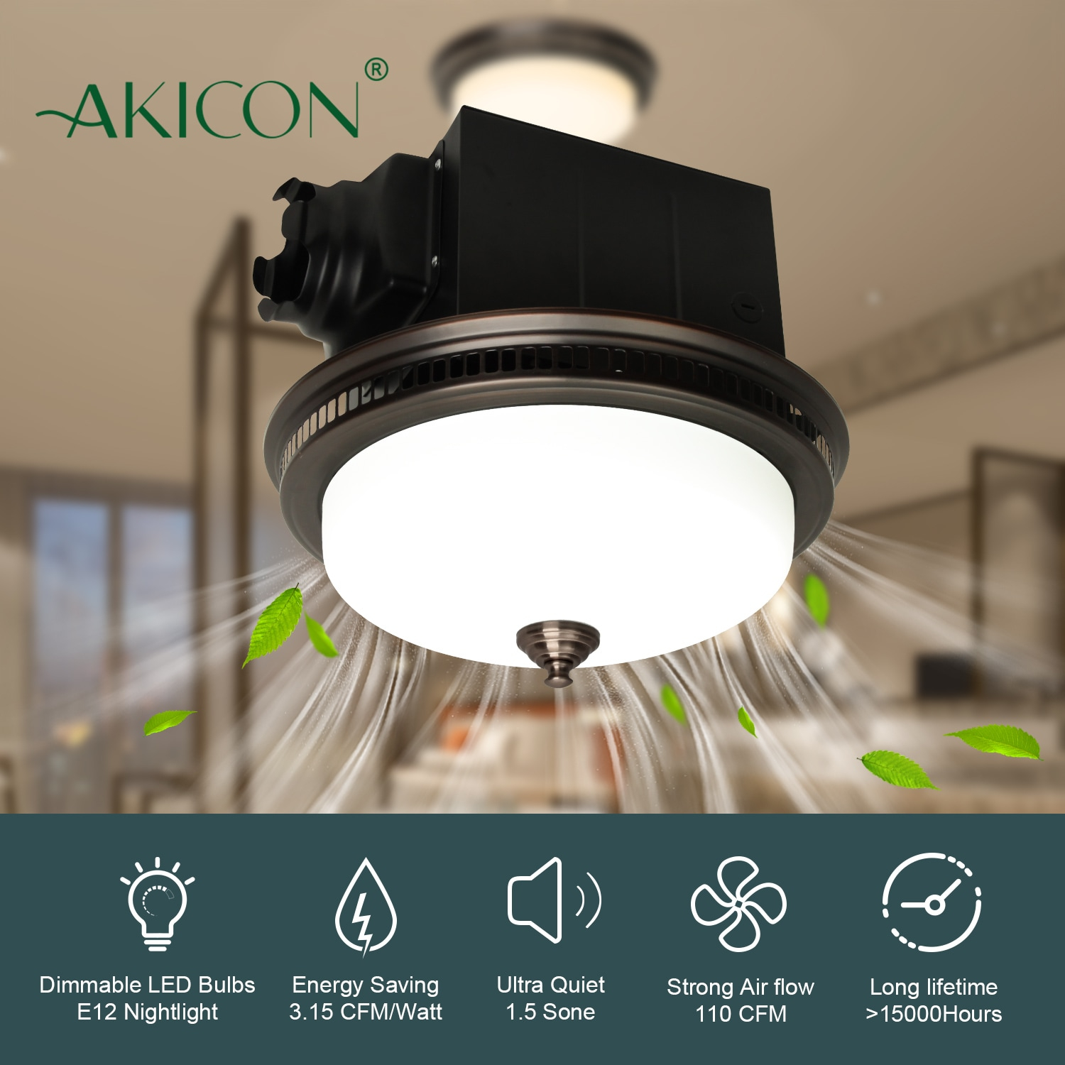 Akicon 1.5-Sones 110-CFM Oil-Rubbed Bronze Decorative Lighted Bathroom fan