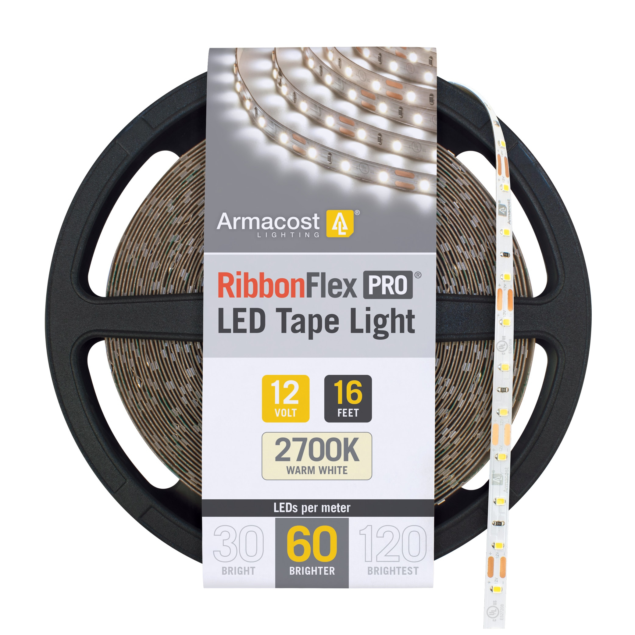Armacost Lighting 132230 16.4 ft. LED Tape Light Soft White (2700K) RibbonFlex Pro Series 60, Dimmable, 250 Lumens per ft., 12-Volt