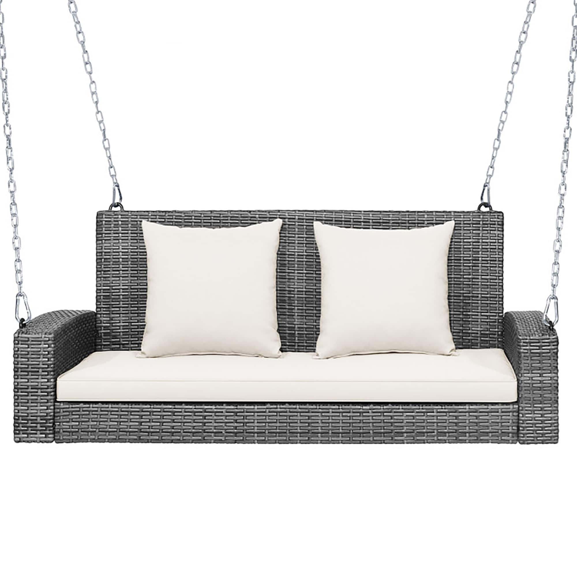 Kadyn Patio Swing Chair, Outdoor Swing Bench,2-Person Patio PE Wicker Hanging Porch Swing Bench Chair Cushion 800 Pounds-White