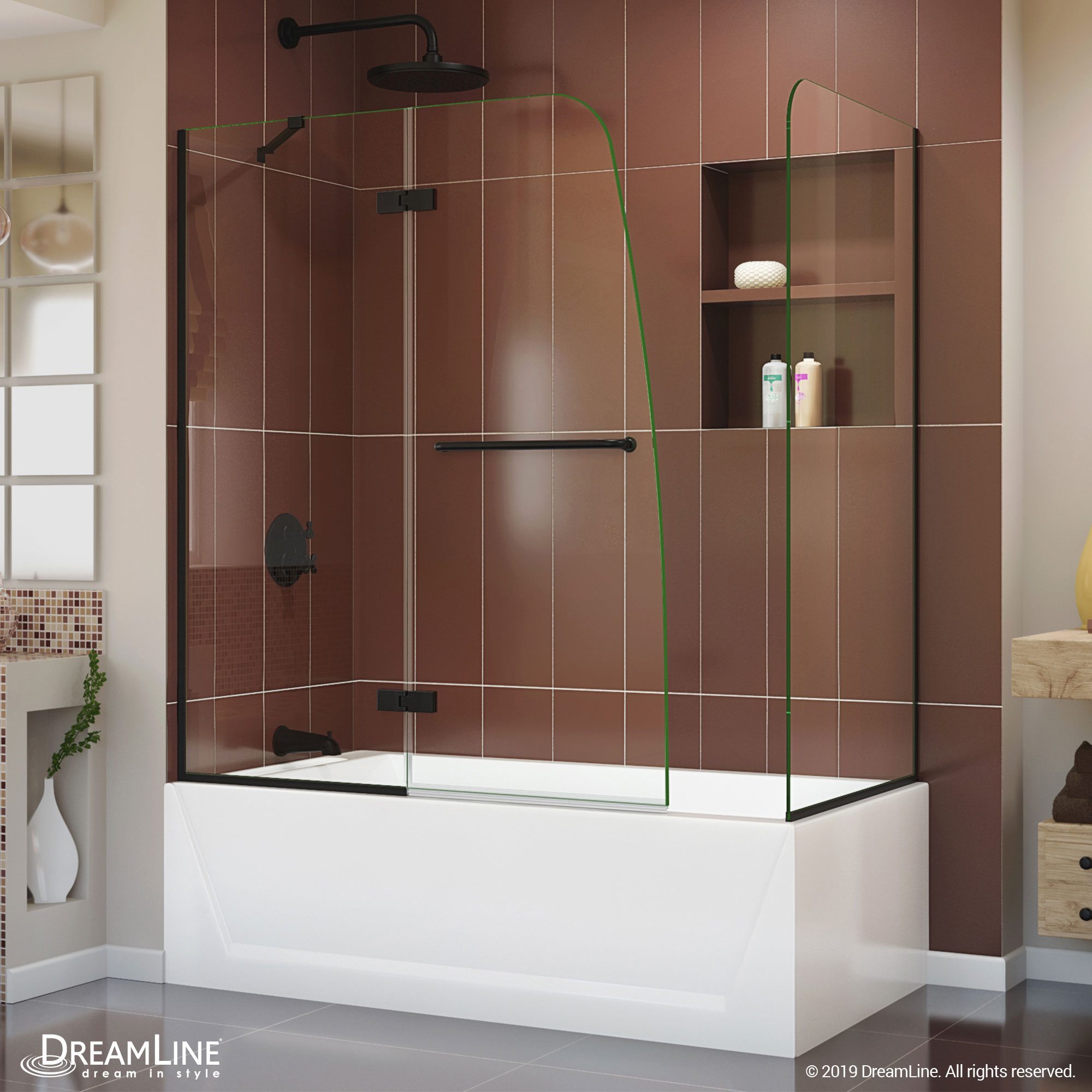 Aqua Ultra Frameless Matte Black Tub Door with Return Panel