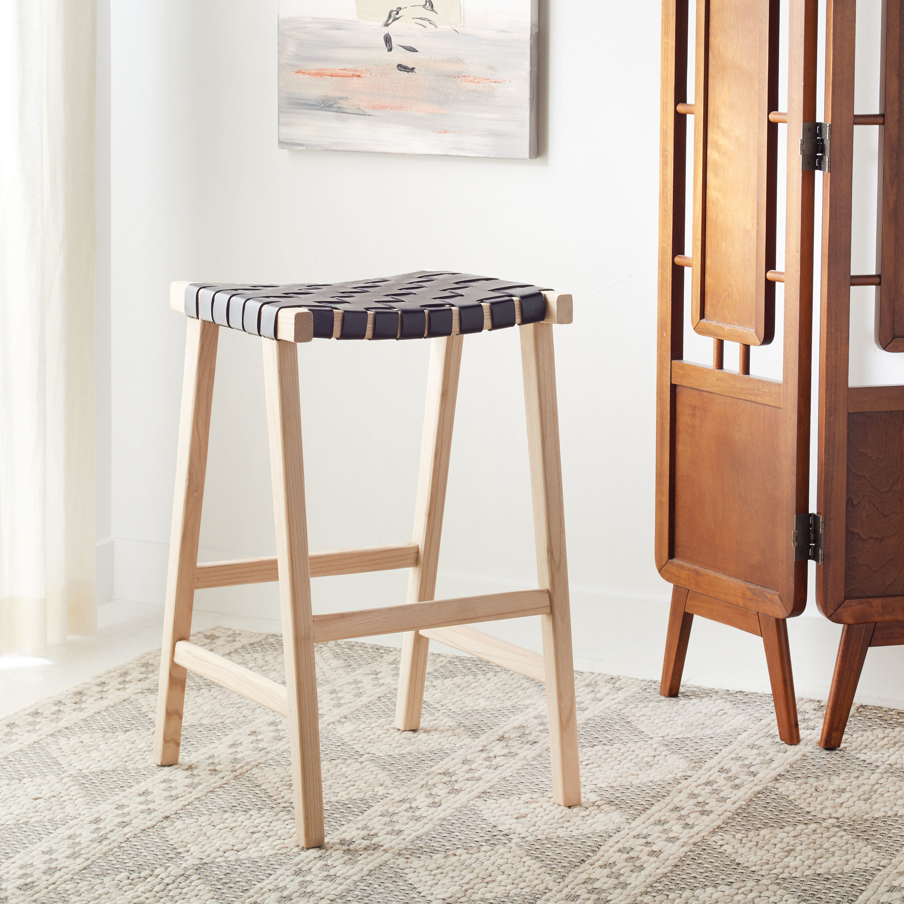 SAFAVIEH Abreu Rectangle Barstool, Black/Light Natural (18.5 in. W x 20 in. D x 30 in. H)