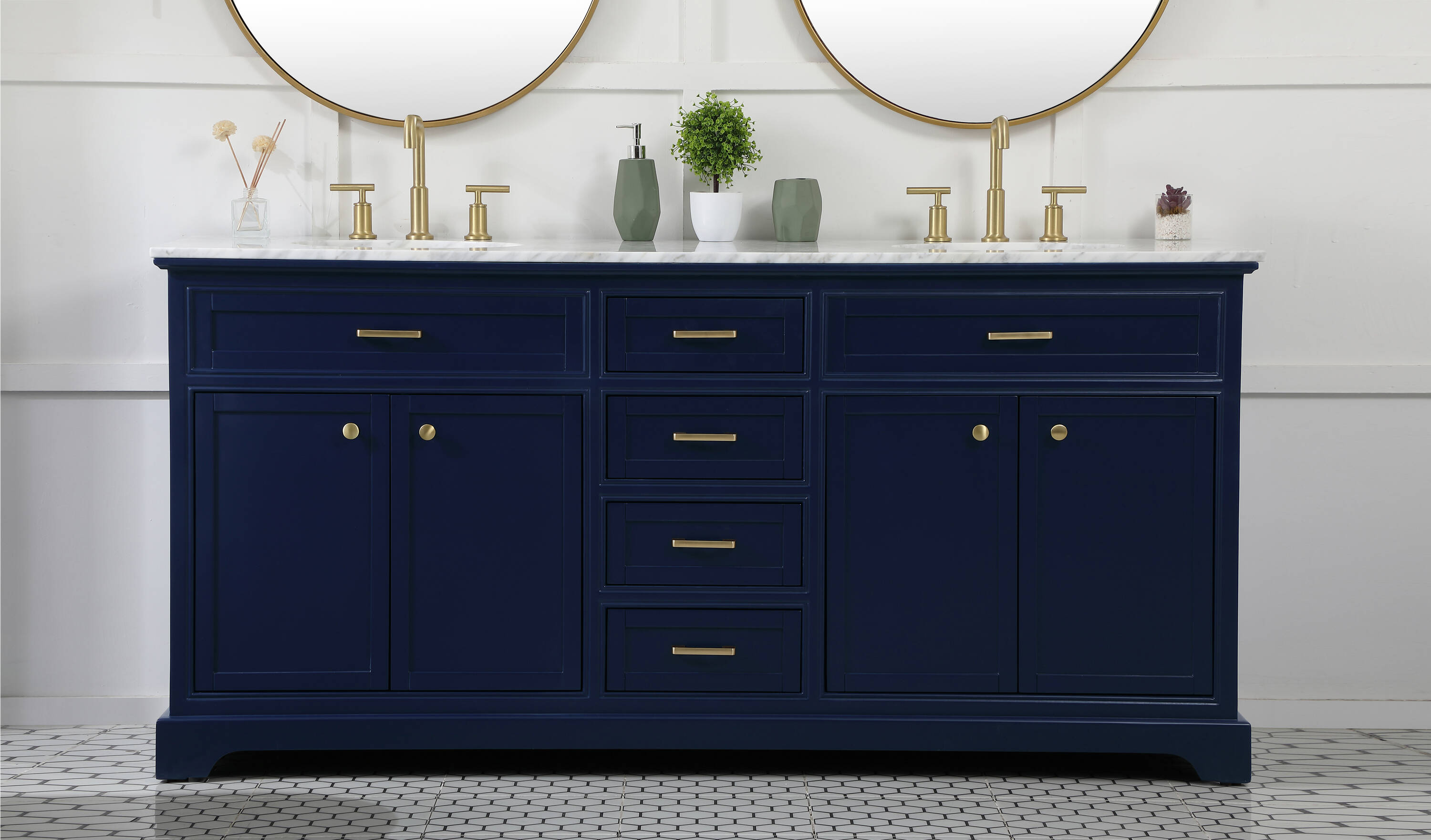 Elegant Decor Americana 72" Metal MDF Marble Double Bathroom Vanity in Blue