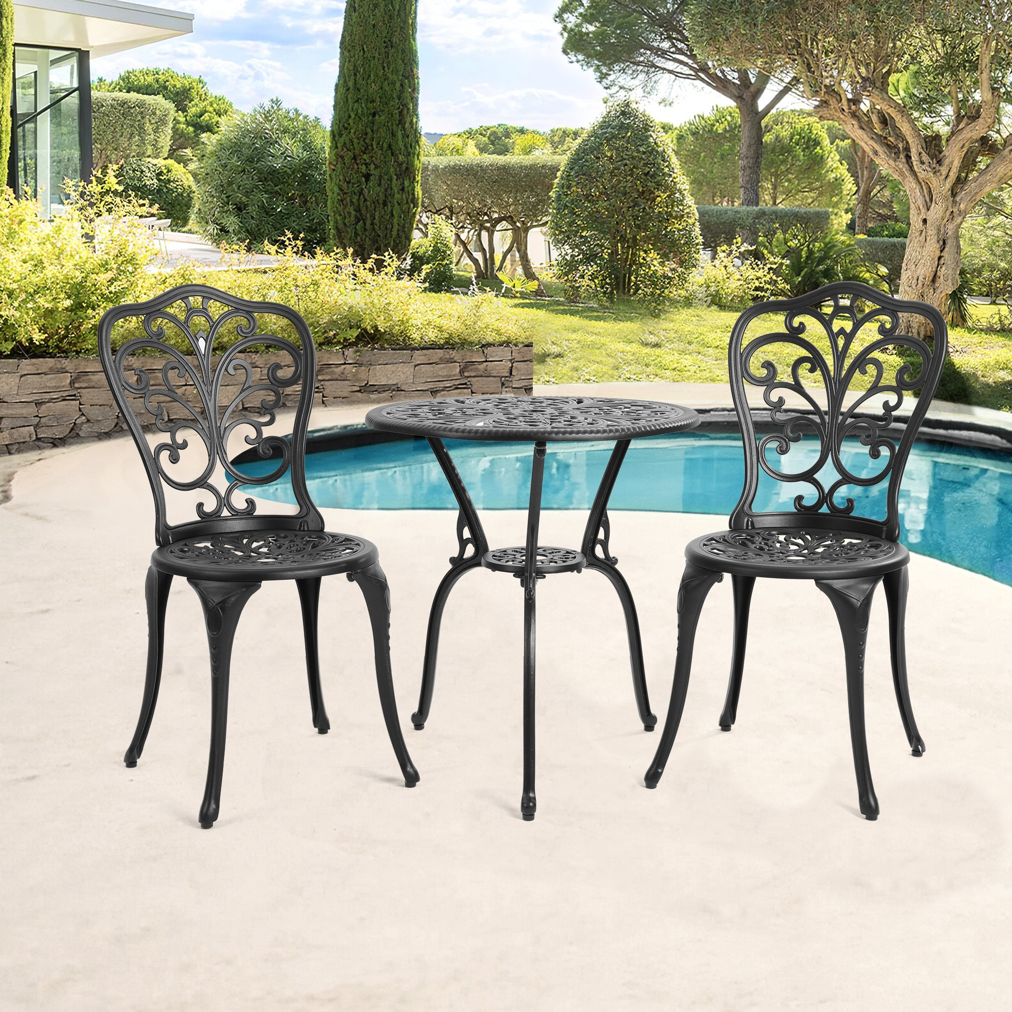 Black Cast Aluminum 3-Piece Bistro Set with Round Table and Armless Chairs