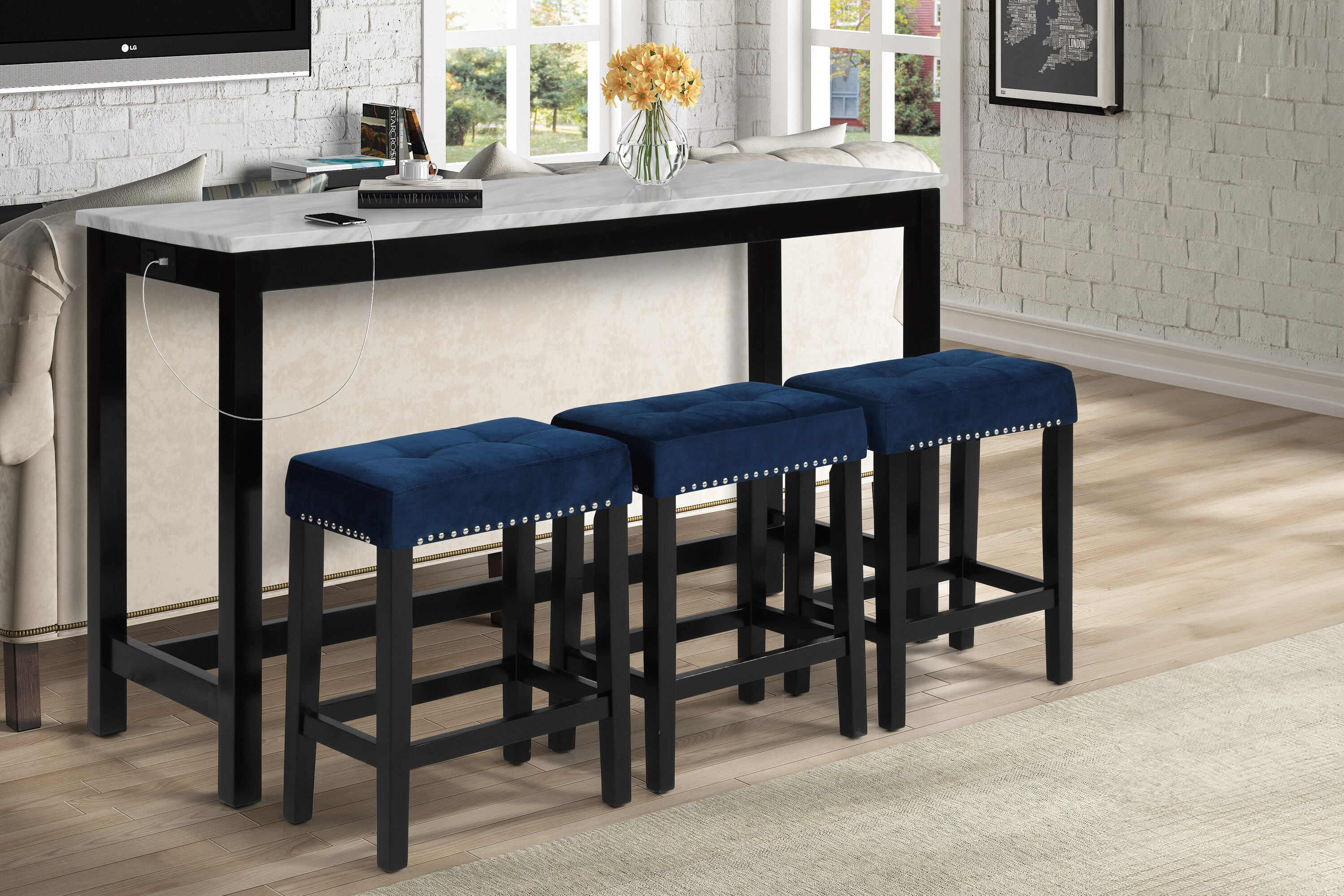 New Classic Furniture Celeste 4-Piece Faux Marble & Wood Bar Set in Blue