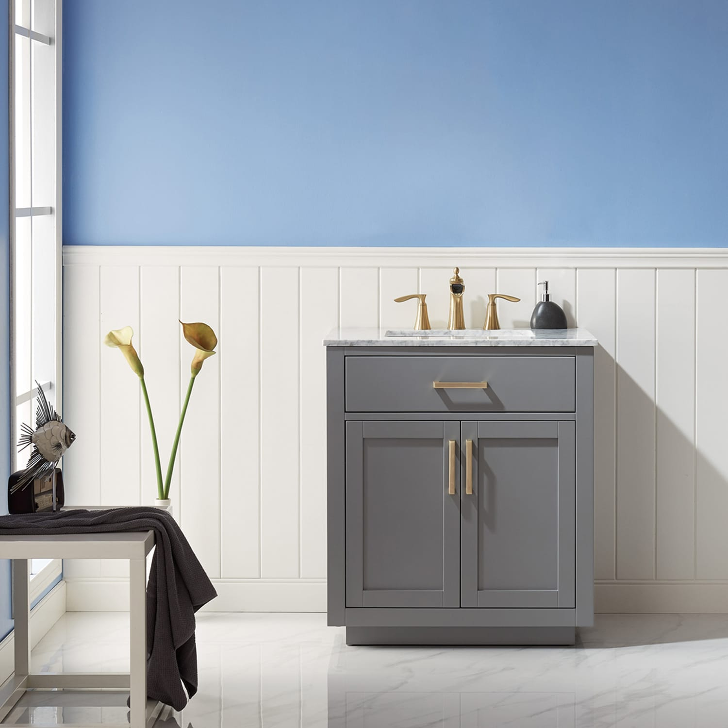 Ivy 30" Single Bathroom Vanity Set in Gray and Carrara White Marble Countertop without Mirror