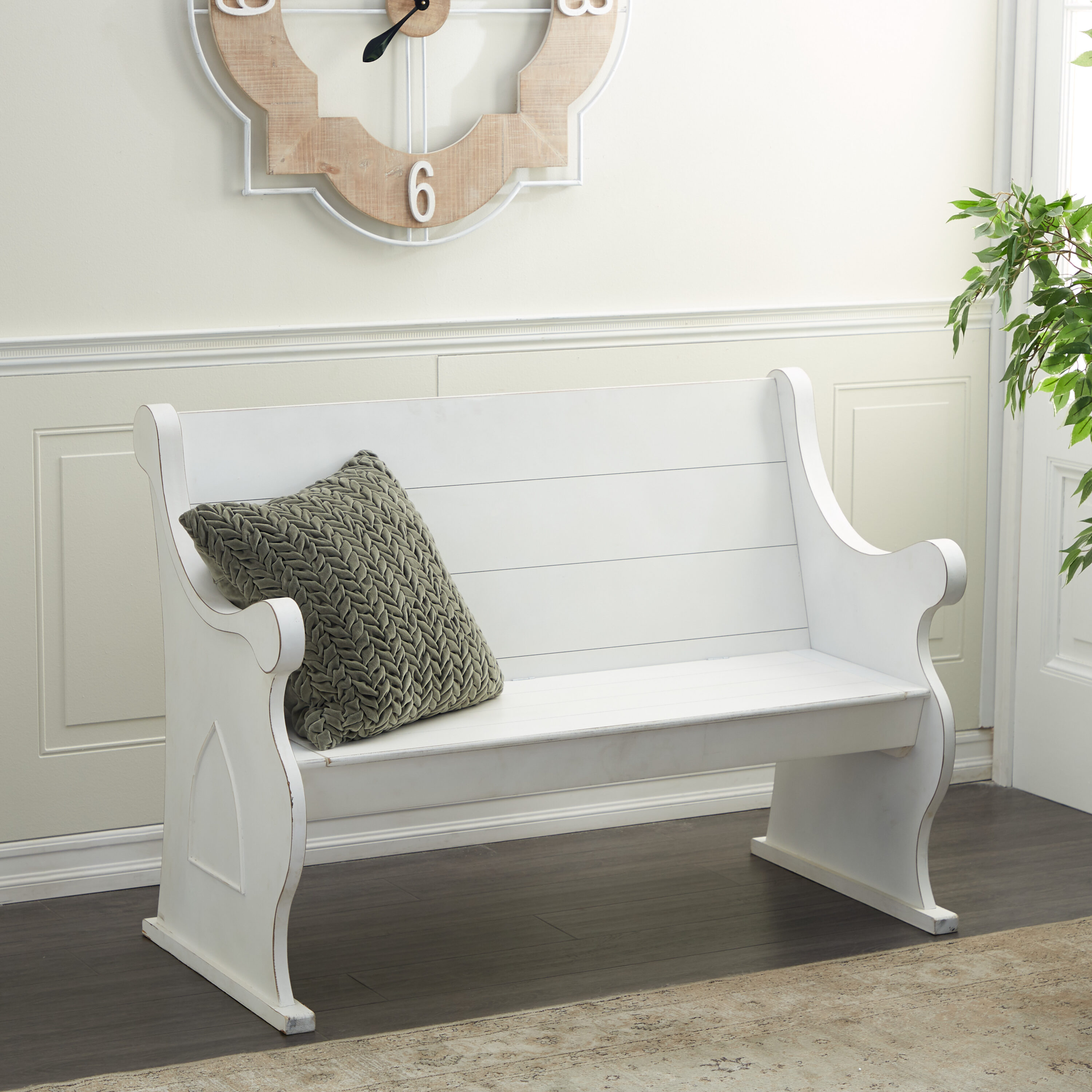 DecMode Wood Storage Bench with Scrolled Armrests, White