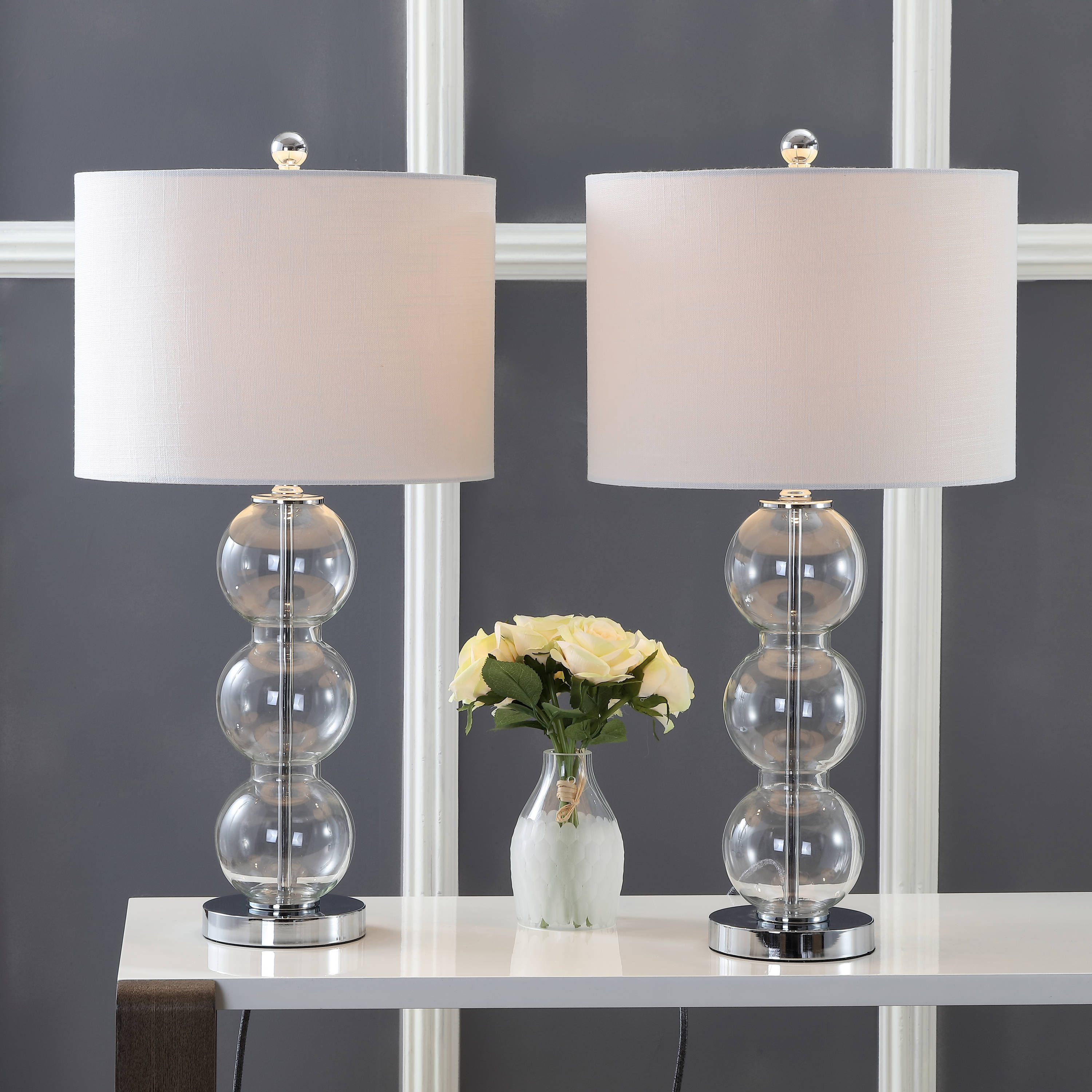 JONATHAN Y JYL1070D-SET2 Bella 27" Glass Triple-Sphere LED Table Lamp, Contemporary, Transitional for living room, dinning room, bedroom, office Bulb Included, Clear/Chrome (Set of 2)
