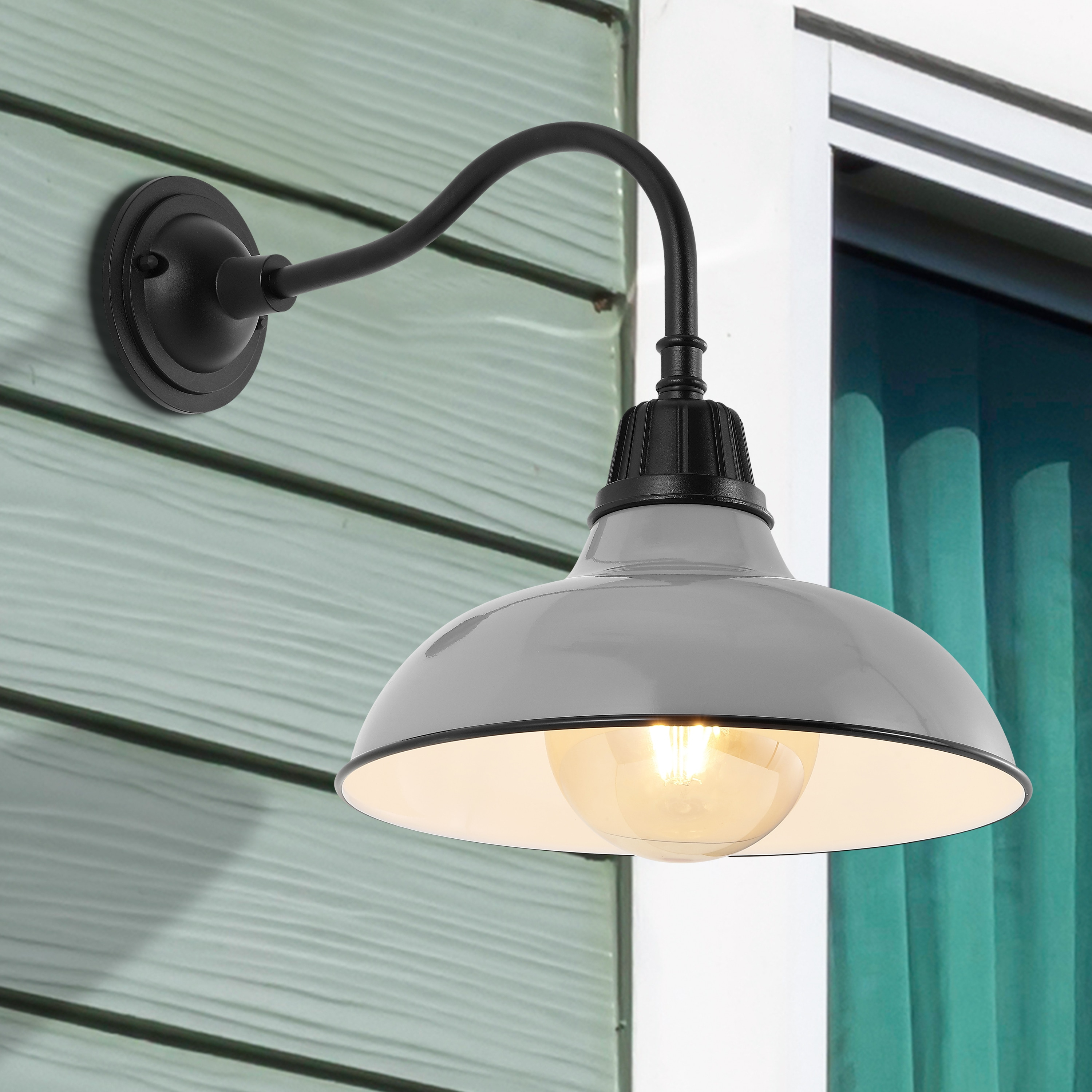 Aurora 12.25" 1-Light Farmhouse Industrial Indoor/Outdoor Iron LED Gooseneck Arm Outdoor Sconce, Gray