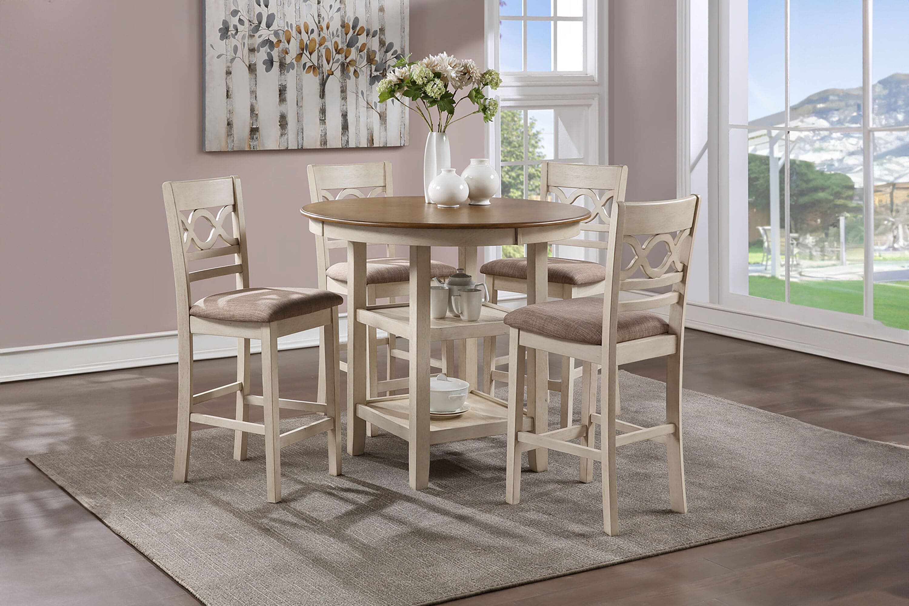 New Classic Furniture Cori 5-Piece Solid Wood Counter Dining Set in Brown/White