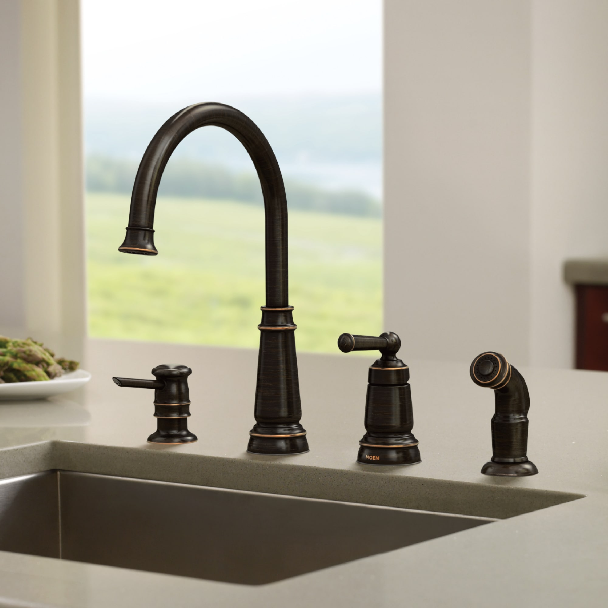 Moen Edison Mediterranean Bronze Single Handle Deck-mount Kitchen Faucet (Soap Dispenser Included) ( Side Sprayer Included )