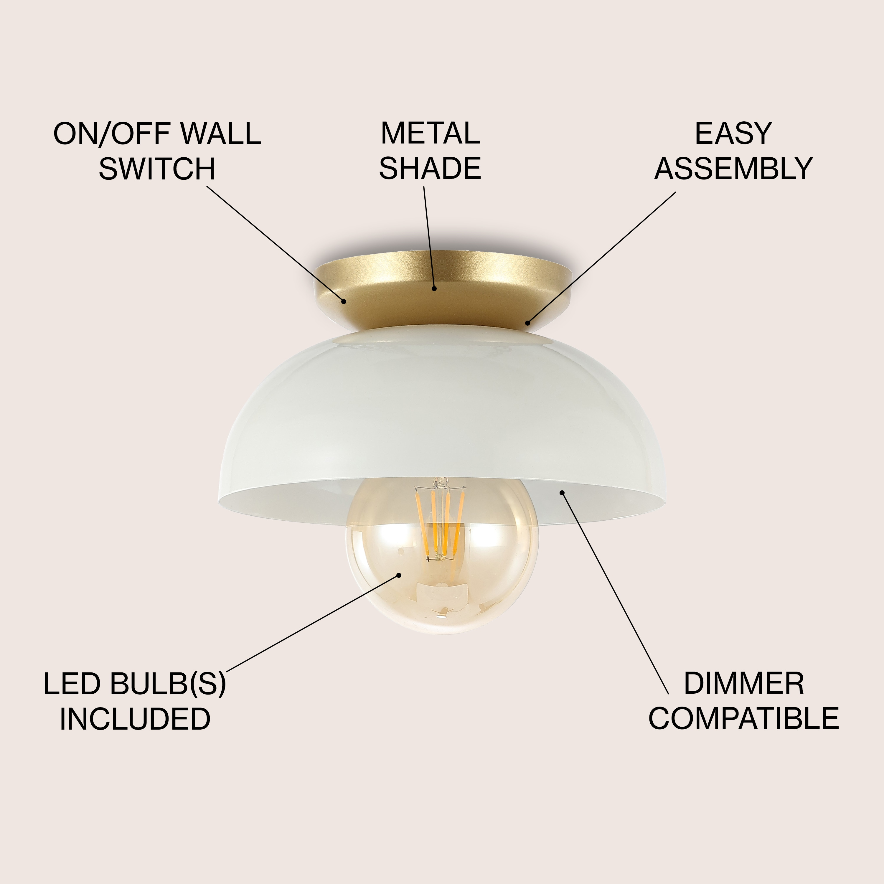 Paulina 8.5" 1-Light Classic Industrial Iron LED Flush Mount, White/Gold Painting