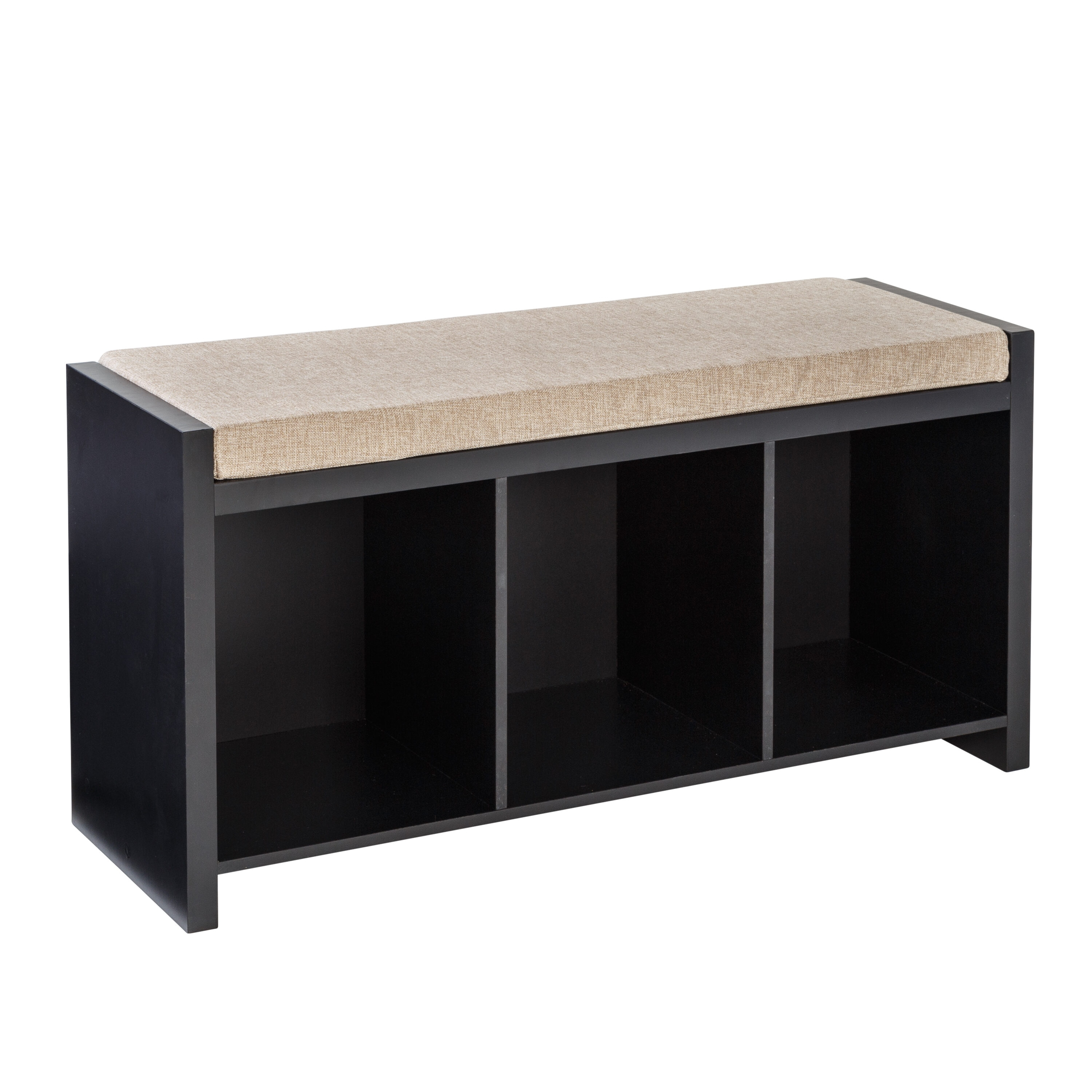 Honey-Can-Do Wood 3-Cubby Shoe Storage Organizer Bench with Cushion, Black/Tan