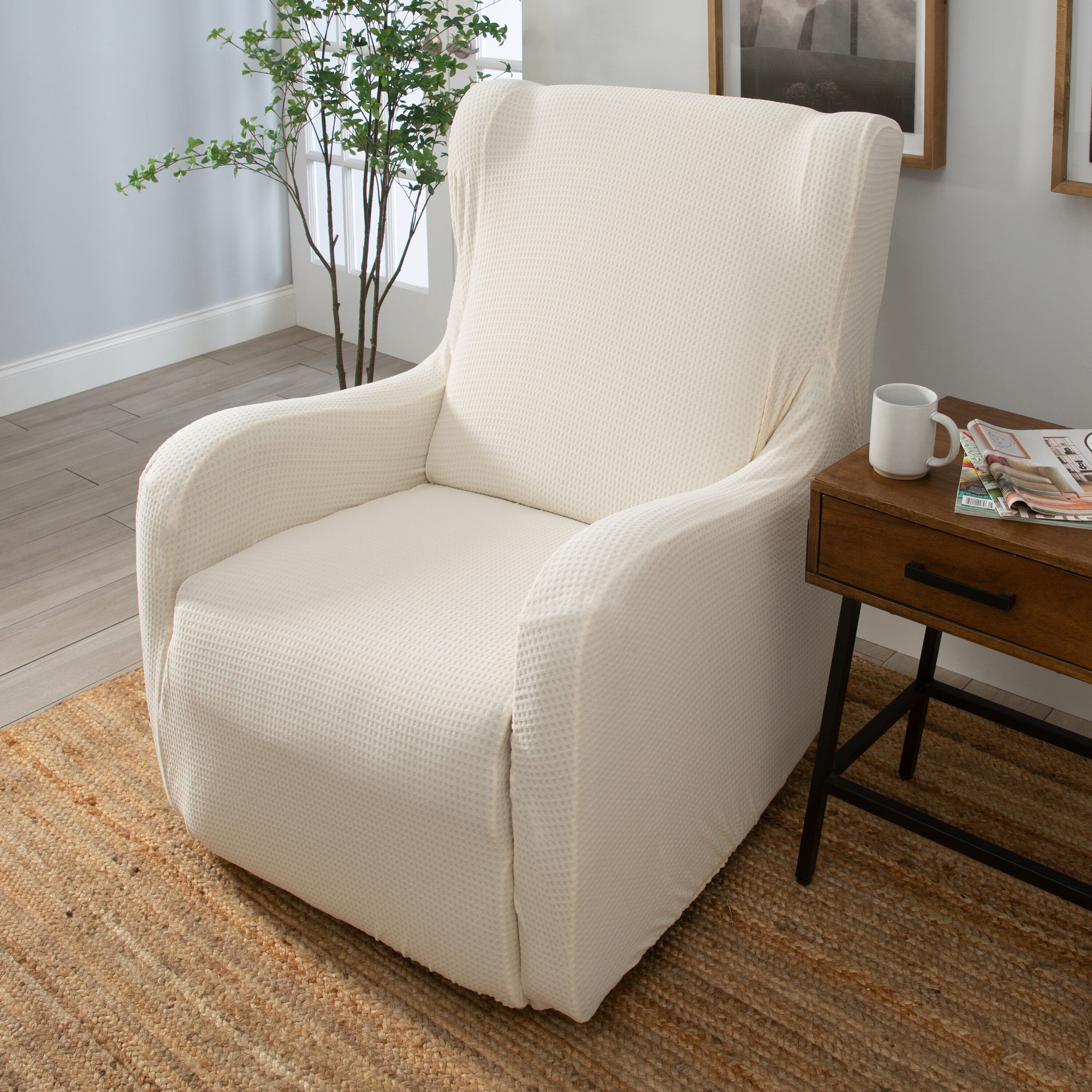 Home Details Waffle Design Chair/Recliner Stretch Fit Slipcover in Ivory