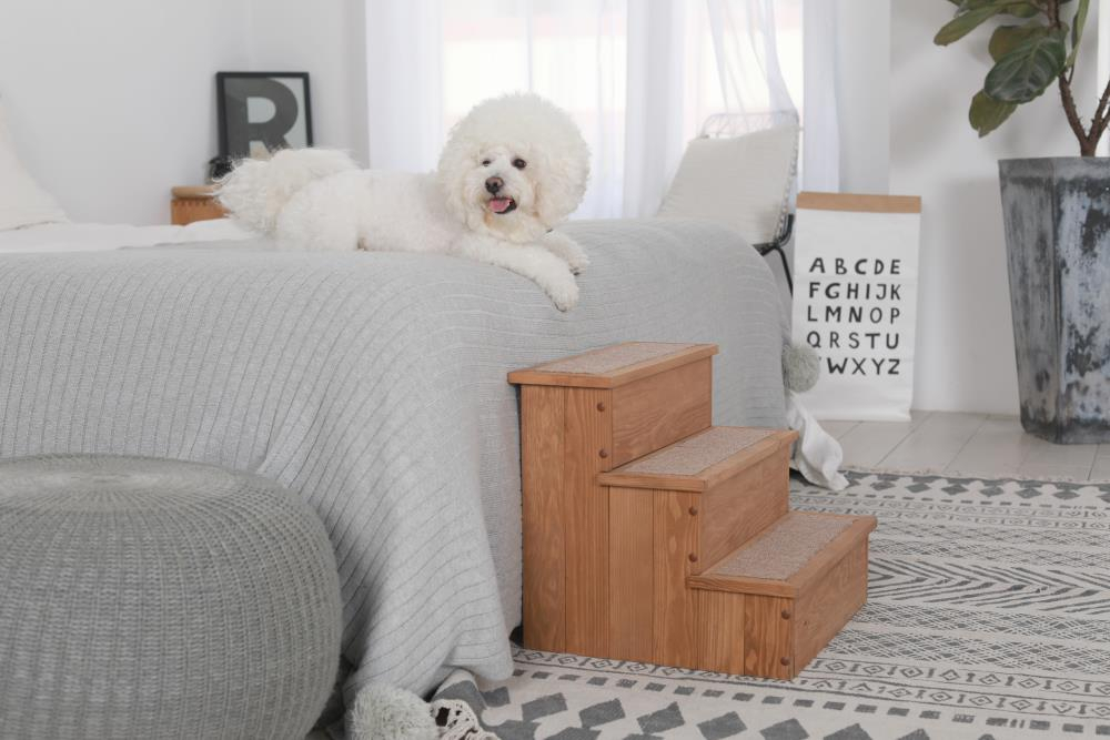 Natural Wood Pet Step with Storage and Carpeted Pads