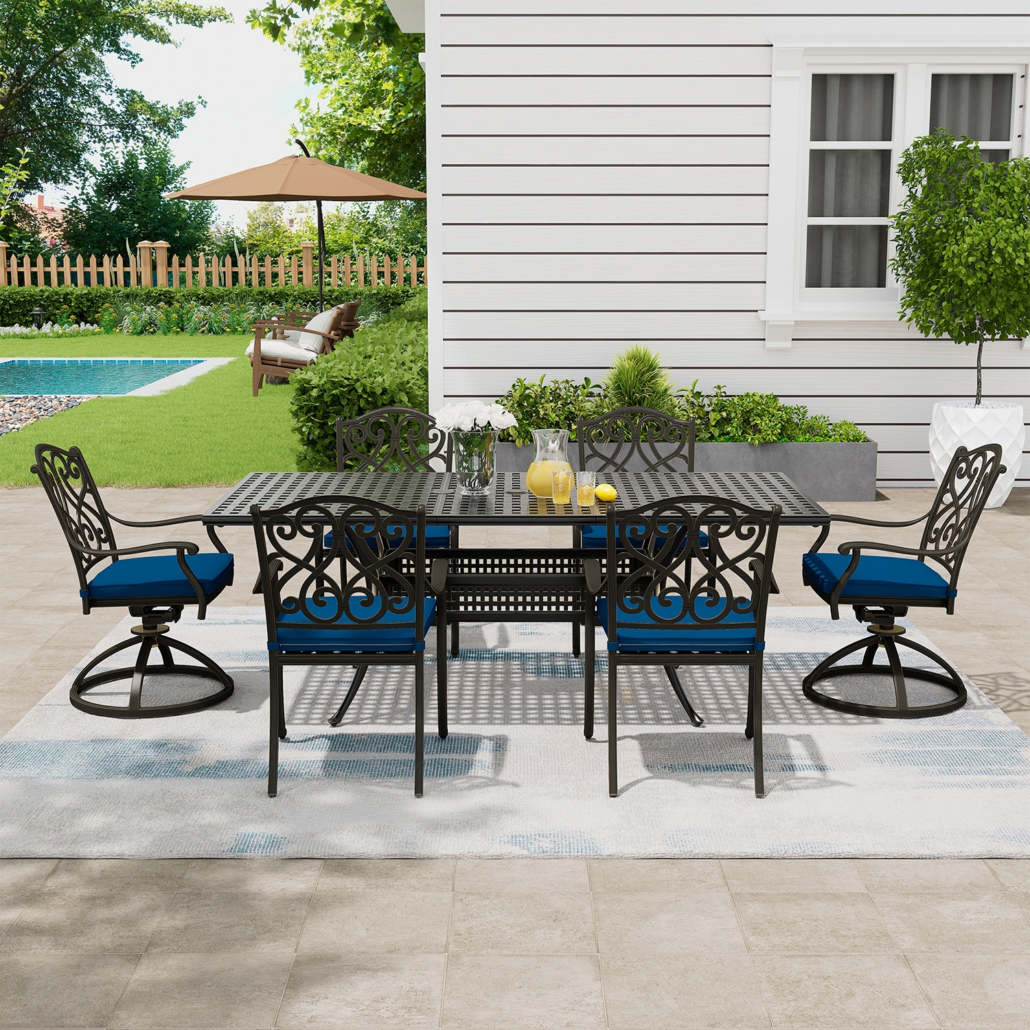 Black Cast Aluminum 6-Person Outdoor Dining Set with Blue Cushions