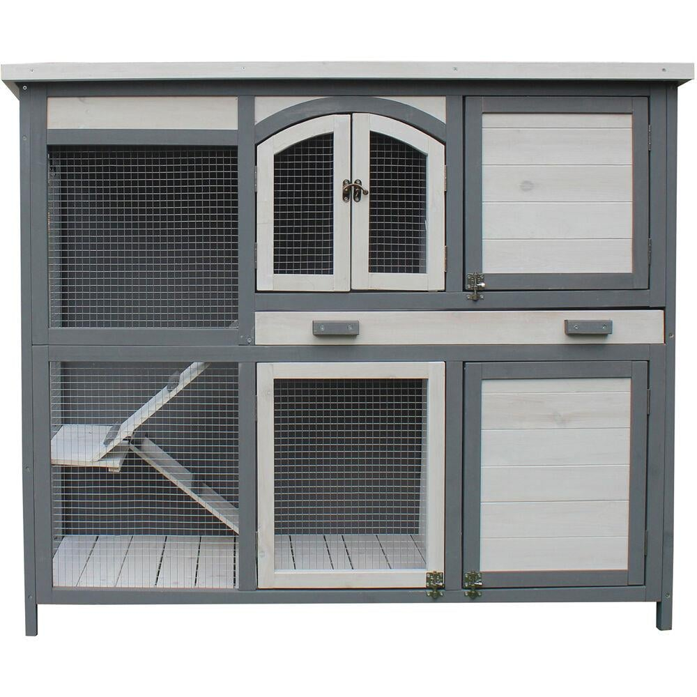 Hanover Outdoor Wooden 2-Story Rabbit Hutch with 2 Ramps, Wire Mesh Run and Removable Tray 4 Ft. W x 1.6 Ft. D x 3.4 Ft. H