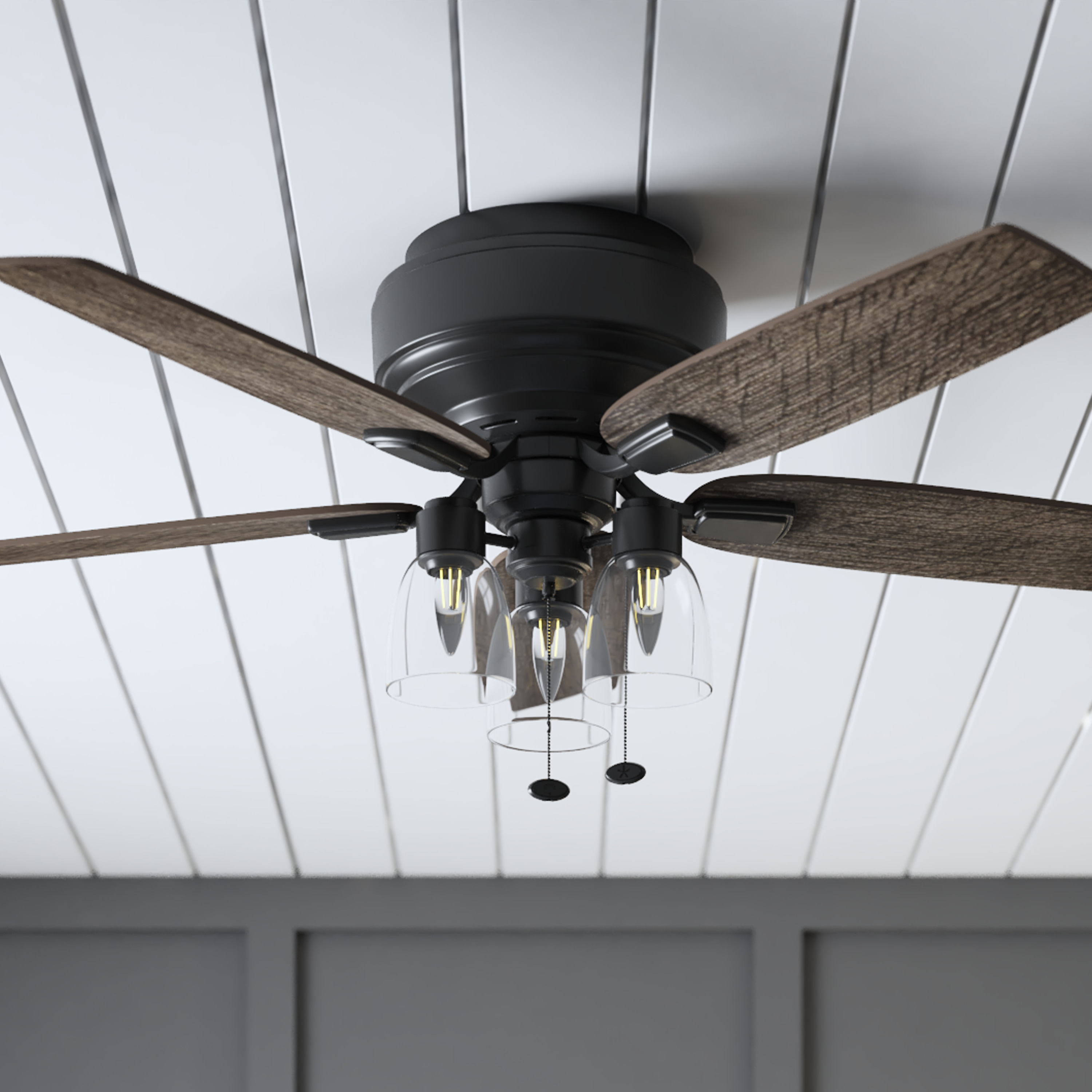 Prominence Home Magonia, 52 inch Farmhouse Style, Flush Mount LED Ceiling Fan with Light, Dimmable, Pull Chain, Dual Finish Blades, Reversible Motor - 51670-01 (Matte Black)