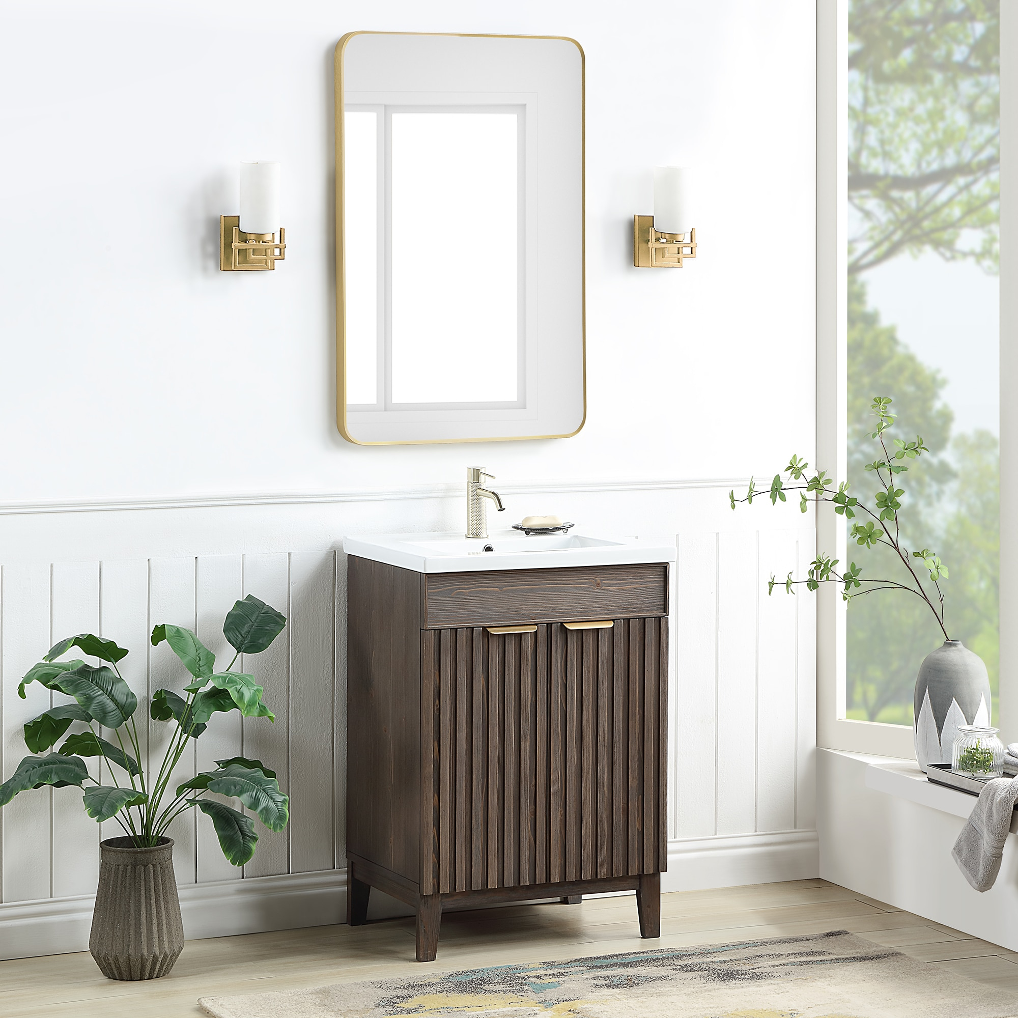 Palos 24" Single Bath Vanity in Spruce Antique Brown with White Ceramic Basin