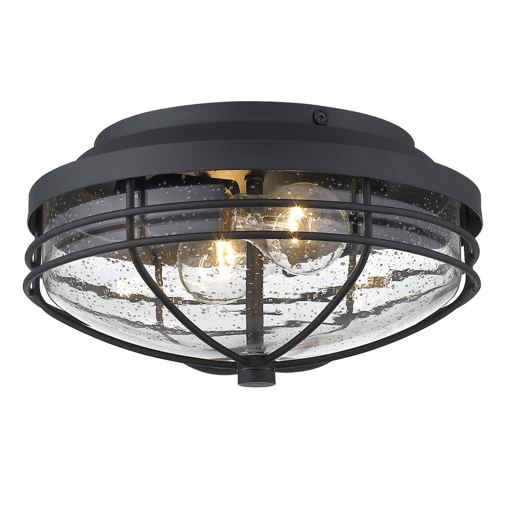 Golden Lighting Seaport 2-Light Outdoor Flush Mount in Natural Black with Seeded Glass