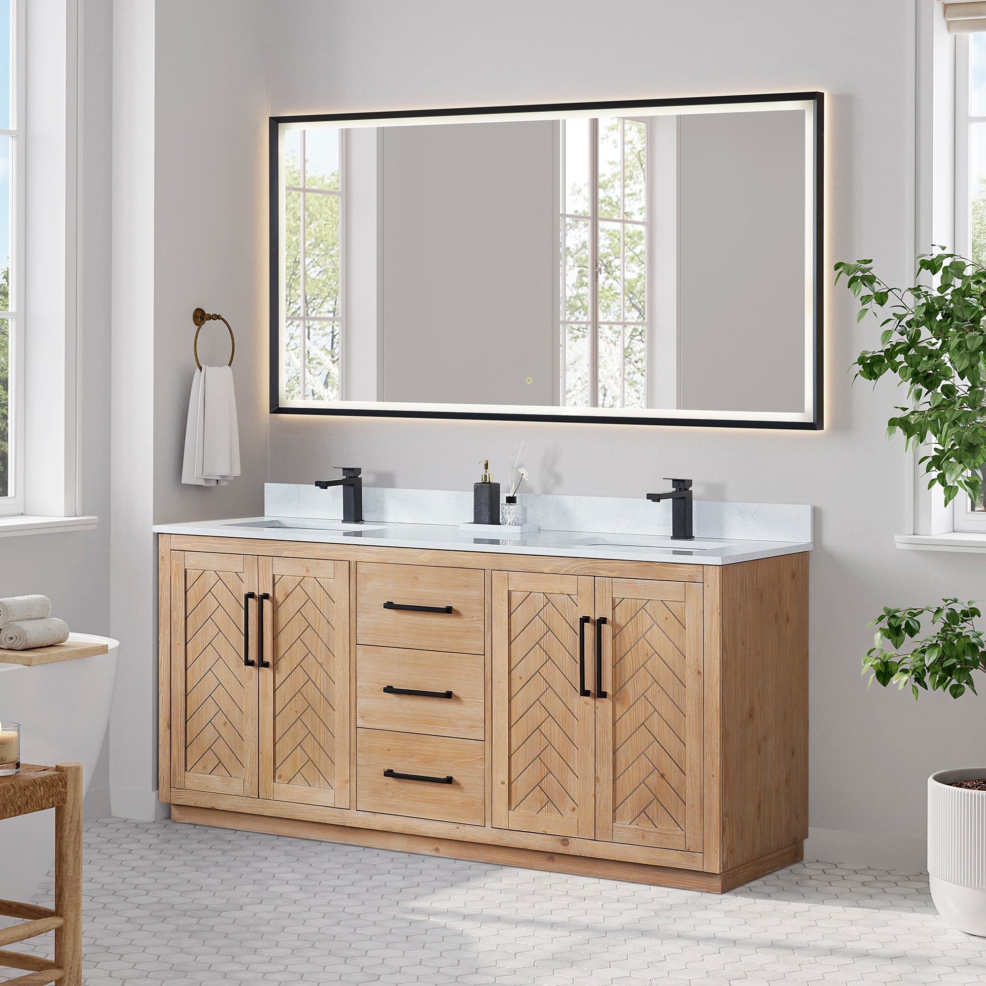 Anais 72" Wood Vanity in Light Brown with White Composite Stone Top with Mirror