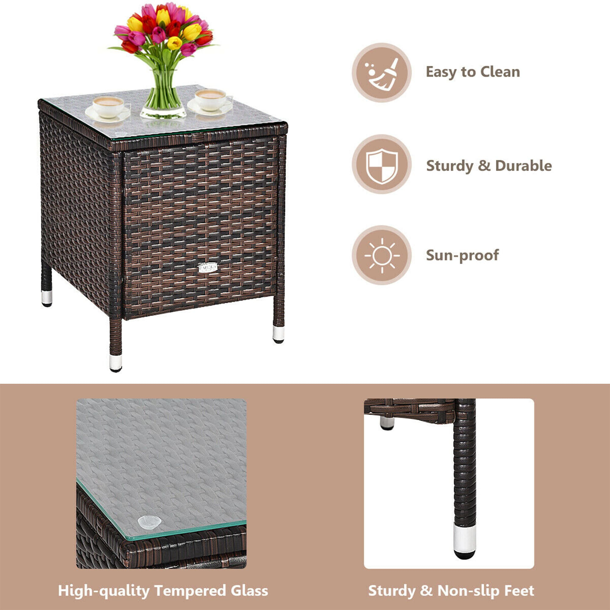 Topcobe 3 Piece Patio Conversation Set Outdoor Rattan Wicker Furniture Set with Coffee Table & Chairs Patio Bistro with Seat Cushions for Garden Balcony Backyard Poolside