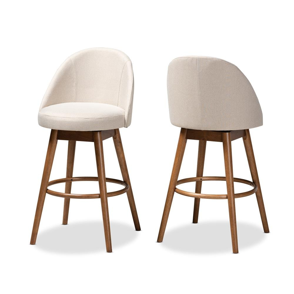 Baxton Studio Carra Mid-Century Modern Light Beige Fabric Upholstered Walnut-Finished Wood Swivel Bar Stool Set of 2