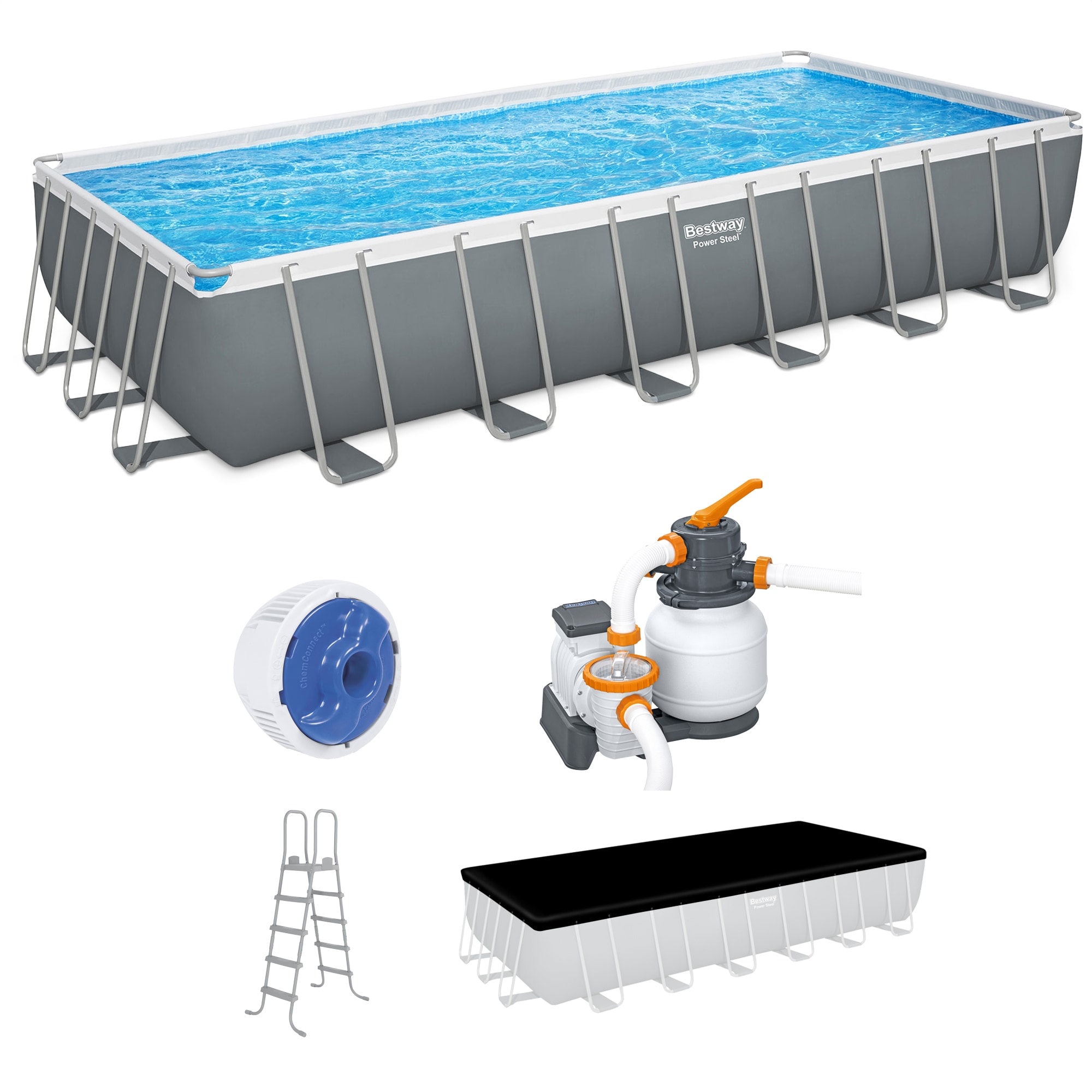 Bestway 24-ft x 12-ft x 52-in Metal frame Rectangle Above-Ground Pool with Filter Pump with Pool Cover with Ladder