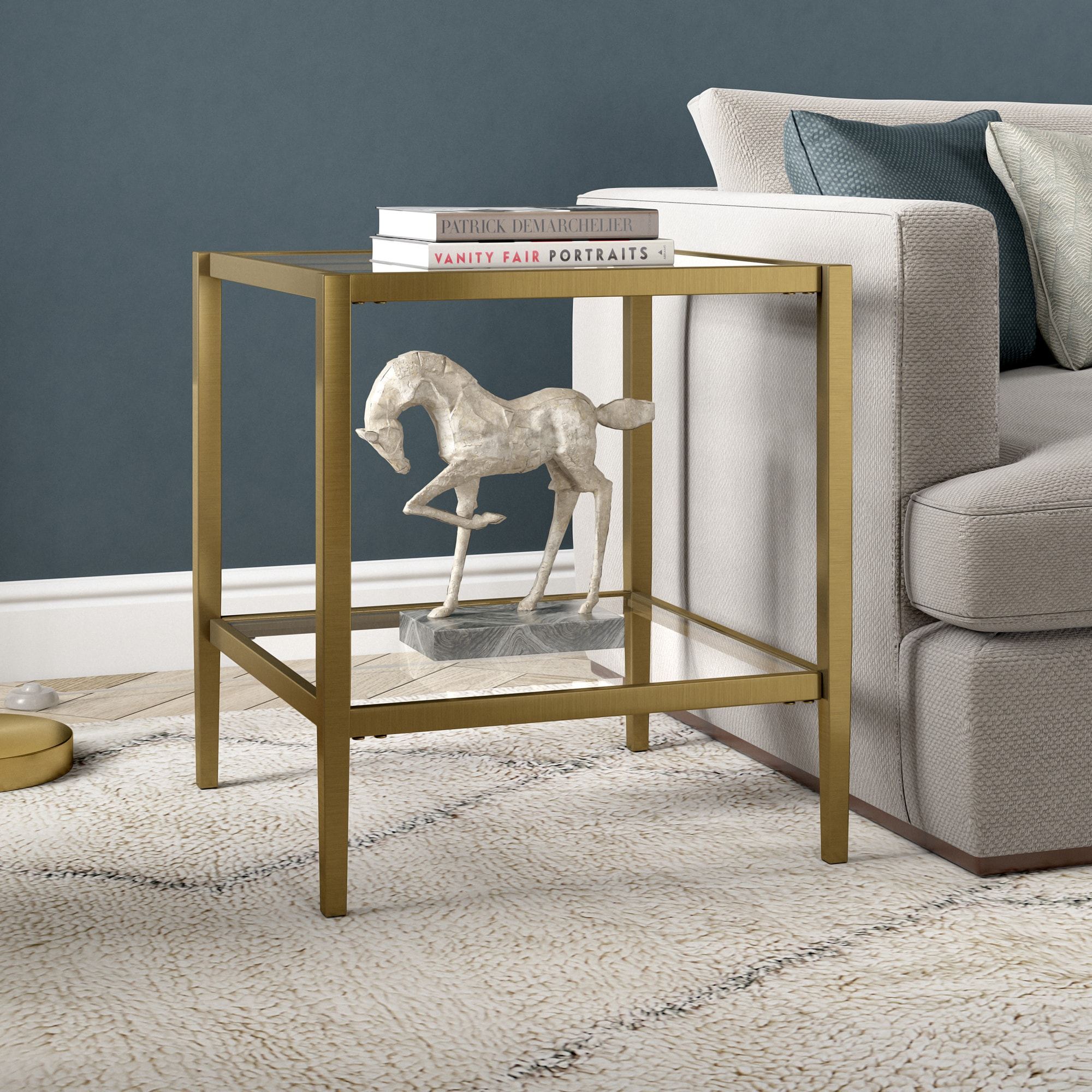 Evelyn&Zoe Hera 20" Wide Square Side Table with Glass Shelf, Antique Brass