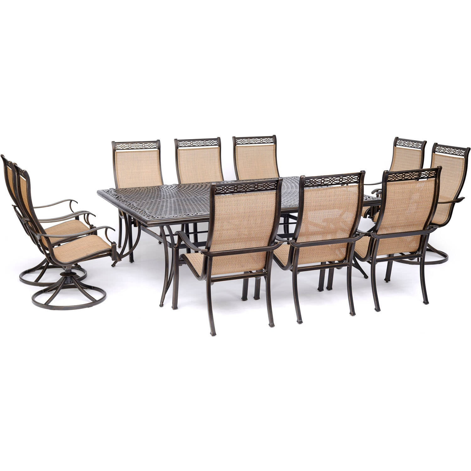 Hanover Manor 11-Piece Outdoor Dining Set in Cedar with 4 Contoured Swivel Rockers, 6 Contoured Chairs, and 60" x 84" Cast-Top Table