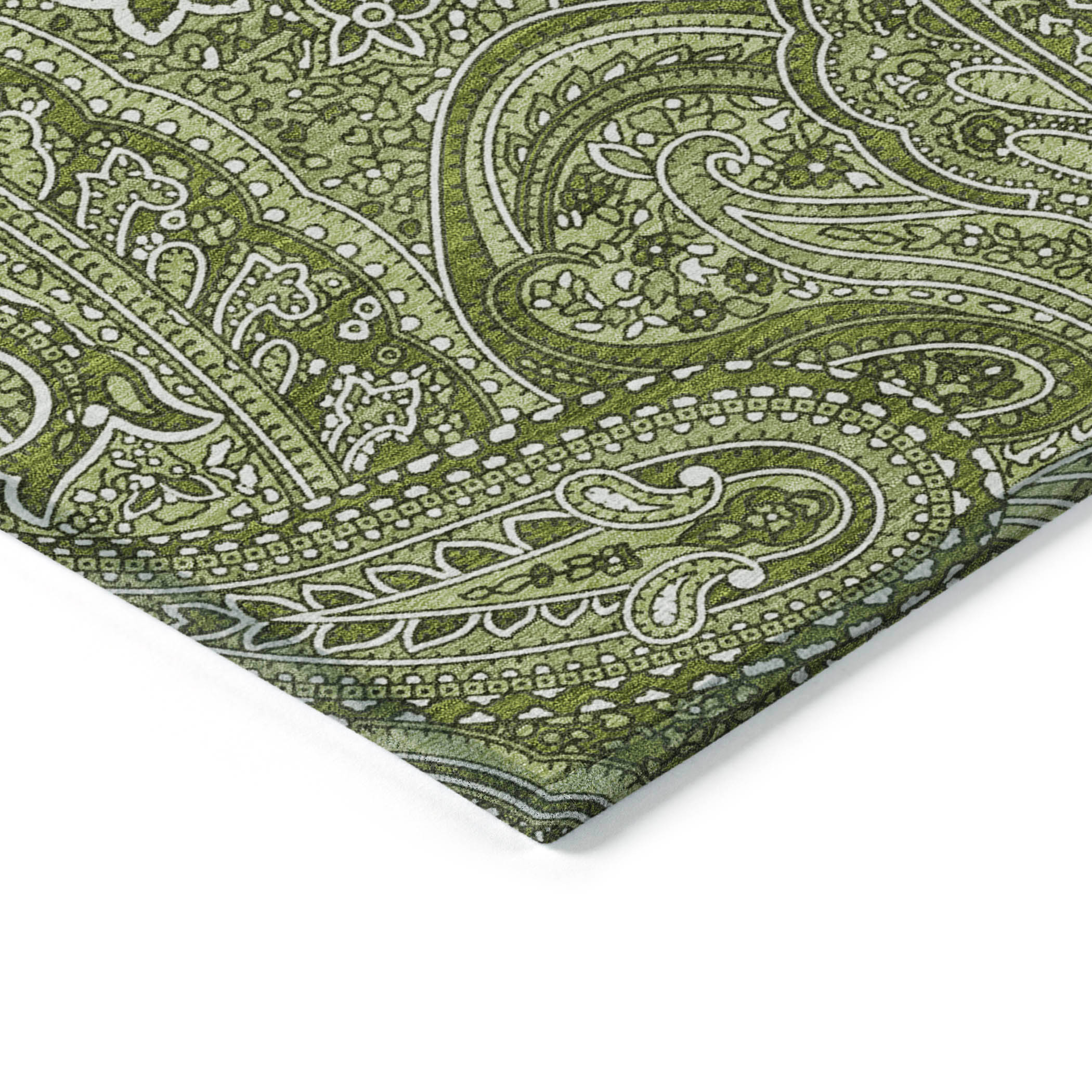 Green Paisley Machine-Washable Indoor Outdoor Rug 3' x 5'