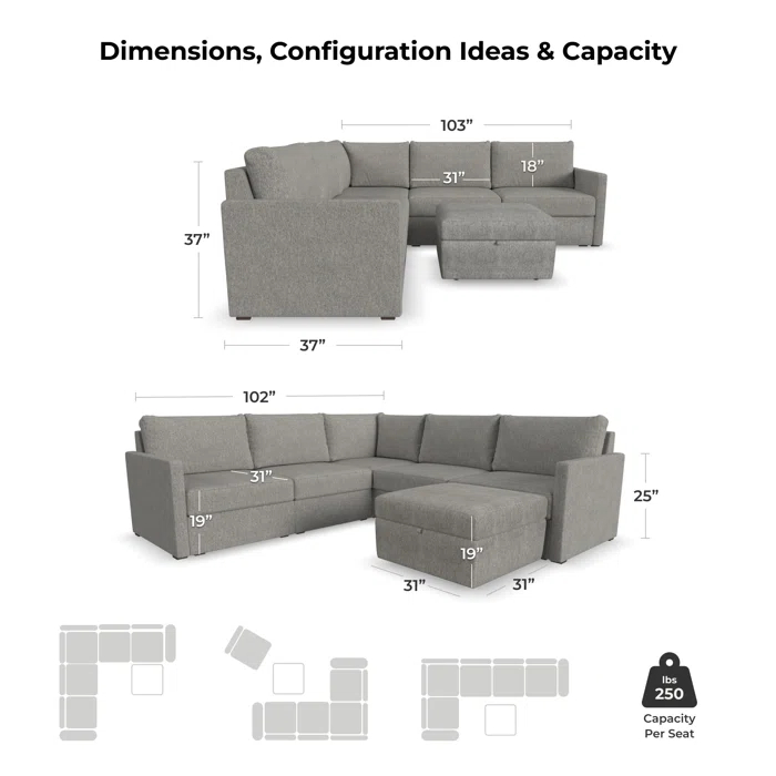 Flex 5 - Piece Upholstered Modular Sectional with Bumper Ottoman