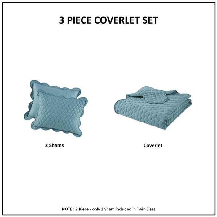Solid Color 3 Piece Scalloped Edge Crinkle Microfiber Quilt Set