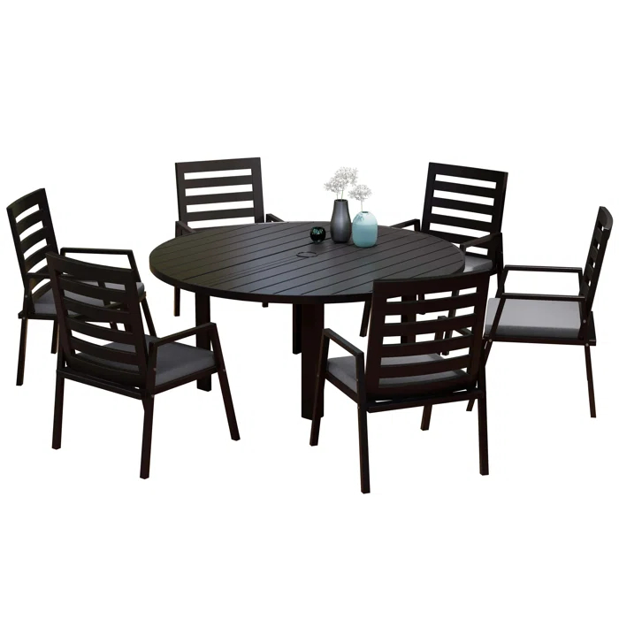 7-Piece Patio Dining Set With 60" Round Aluminum Dining Table And 6 Dining Armchair