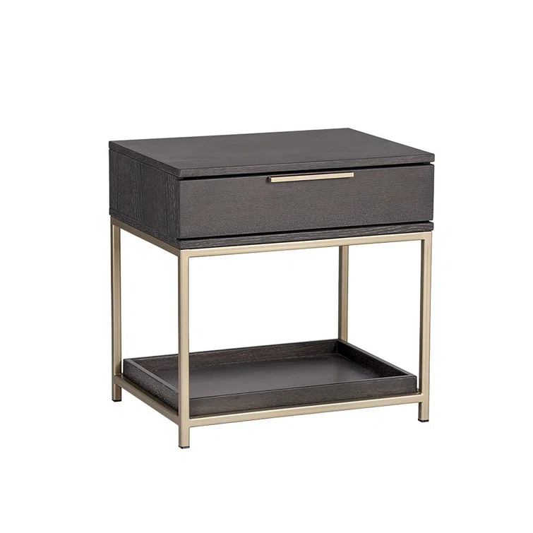 Gray Oak and Gold 1-Drawer Nightstand