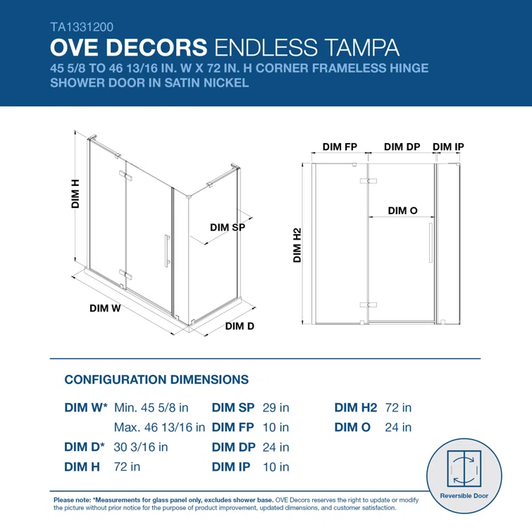 Endless Tampa 46" W x 72" H Corner Frameless Shower Kit, Door, 2 Panel