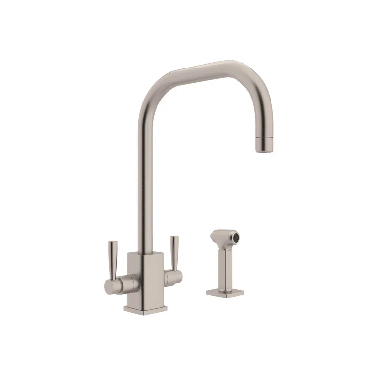 Perrin & Rowe U.4310LS-STN-2 Holborn™ Single Hole U-Spout Kitchen Faucet With Square Body And Sidespray