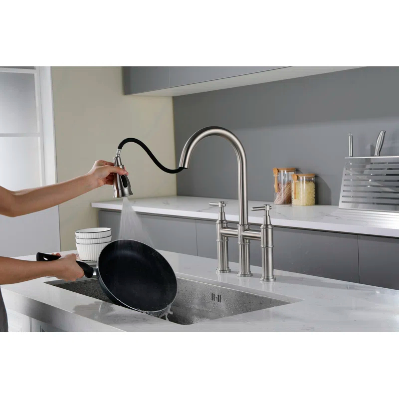 RBROHANT LYJ0078 17.32" Bridge Kitchen Faucet with Pull Down Sprayer, Bridge Faucet for Kitchen Sink 3 Holes