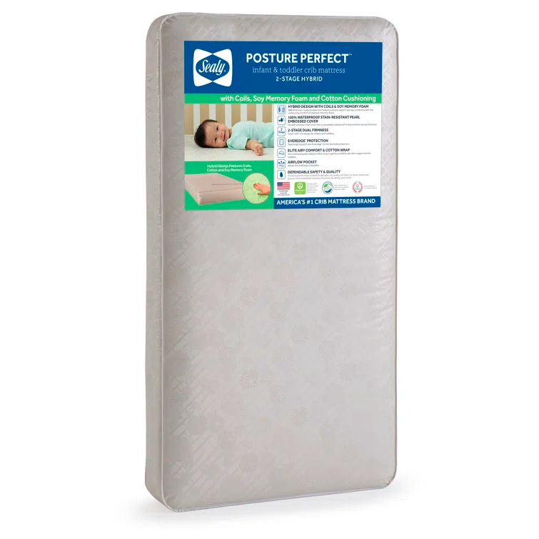 Sealy Baby Sealy Baby Posture Perfect 2 Stage Breathable Crib Mattress & Toddler Mattress, Hybrid Design, GREENGUARD GOLD Certified, 52"x28"