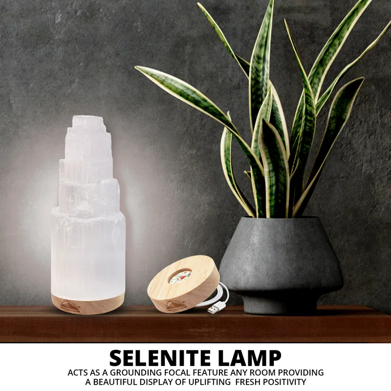 Himalayan Glow Selenite Crystal Lamp 20cm Large, Hand-Curved Crystal Lamp with Wooden Base - White