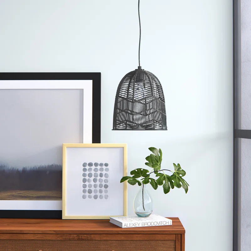 10"W Amher 1-Light Black Rattan Pendant Light