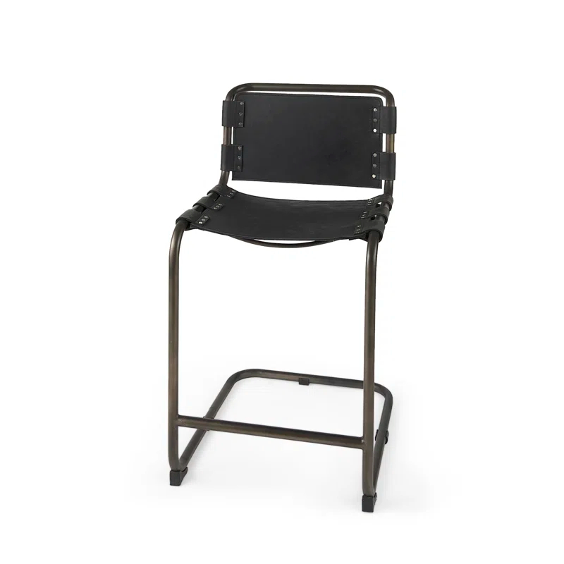 Berbick Black Leather and Iron Counter Stool, 26" Seat Height