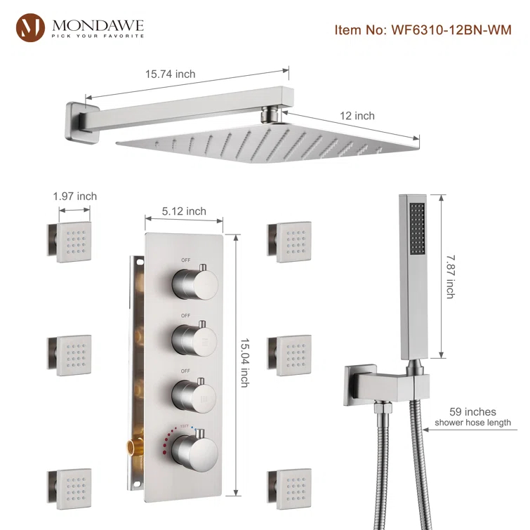 Herathena 3 Functions Wall Mounted Luxury Shower System with 6 Body Jets (Rough-in Valve Included)
